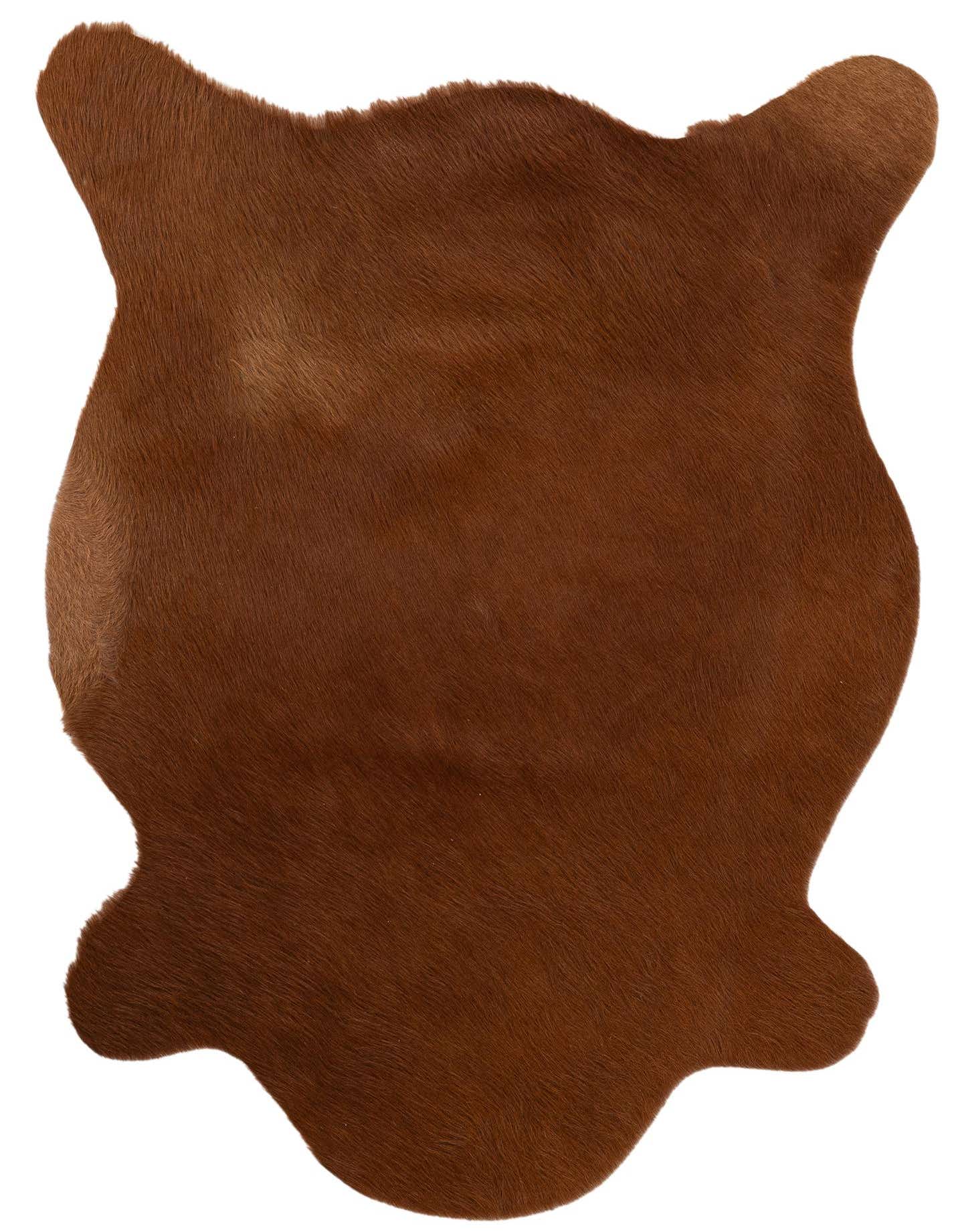 A 2x3 rectangular brown cowhide rug with a natural, irregular shape and flat, textured pile.