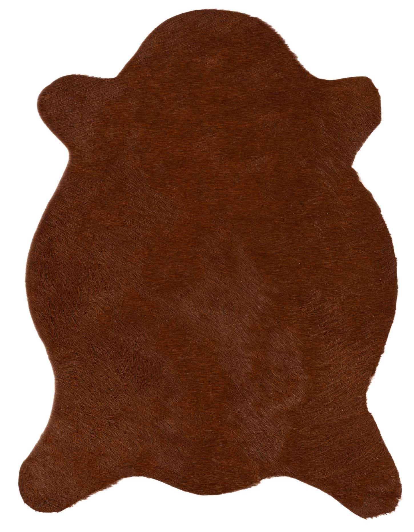 A 2x3 rectangular brown cowhide leather rug with a natural, irregular shape and flat, textured pile.