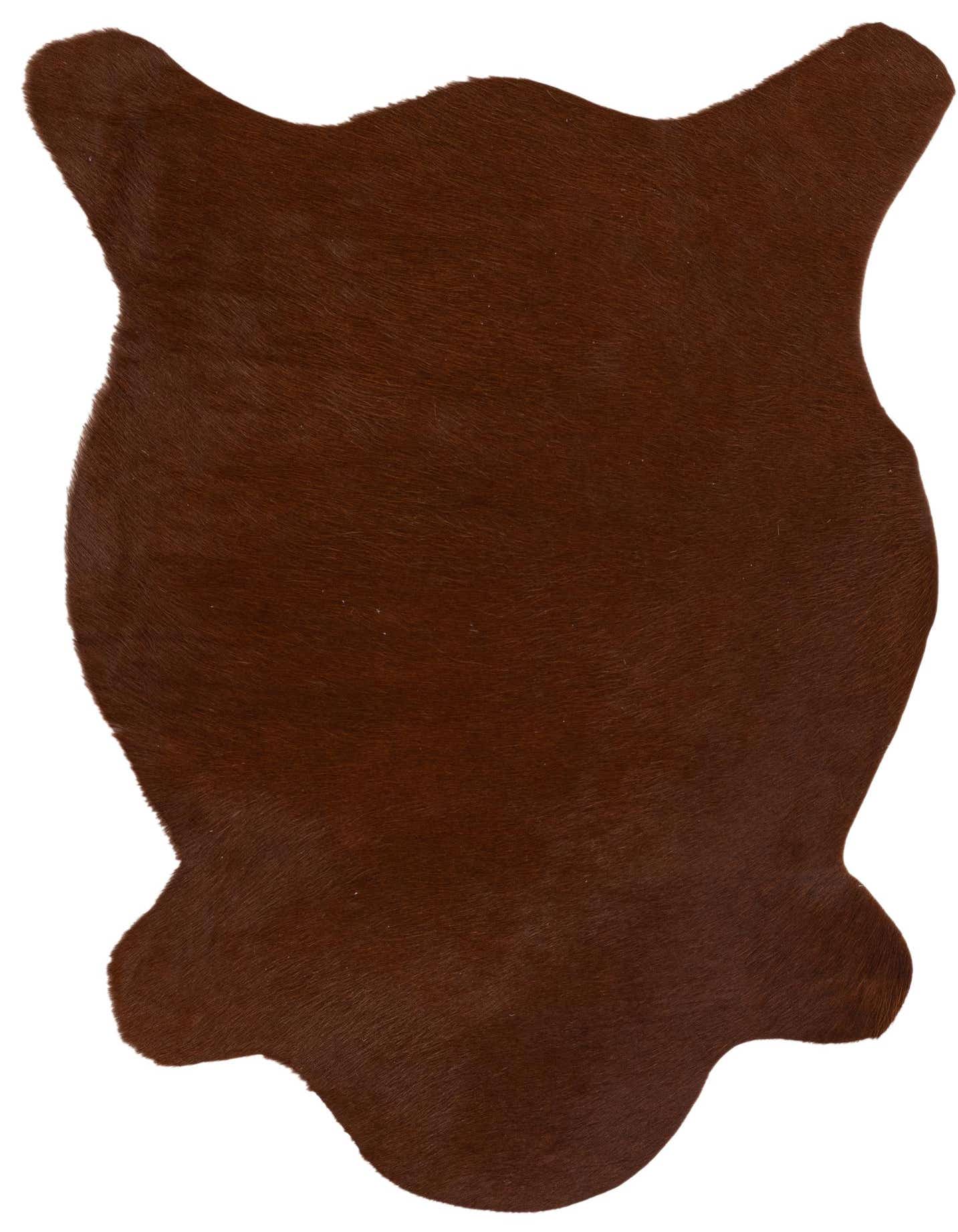 A 2x3 rectangular Cowhide Leather rug in rich brown, featuring a natural, irregular shape and textured flat pile.