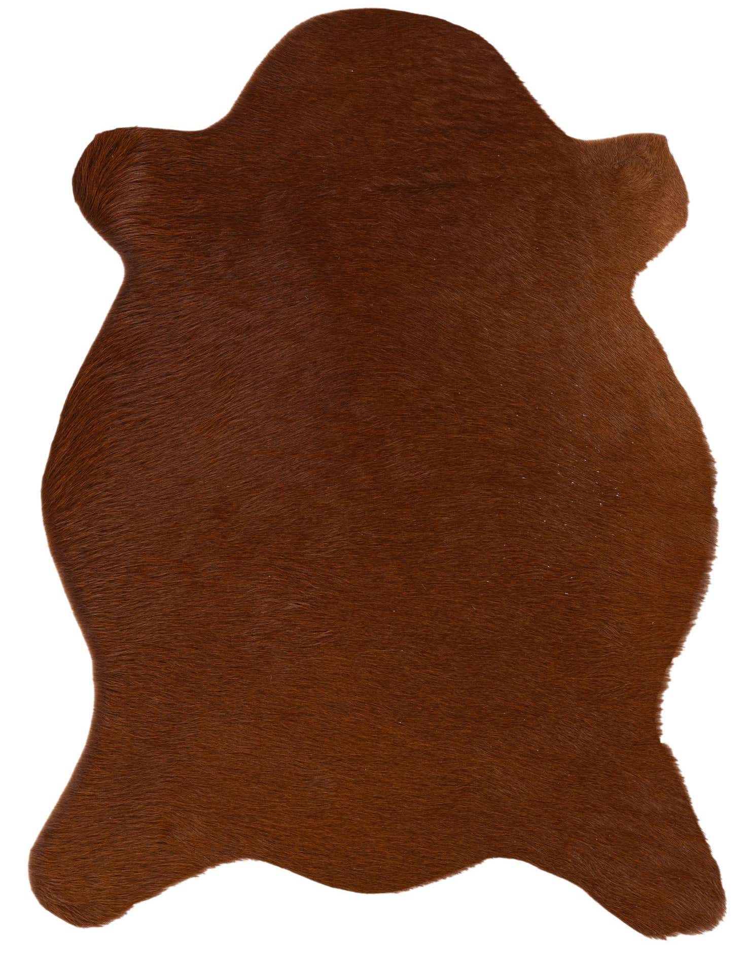 A 2x3 rectangular brown cowhide leather rug with a flat, textured pile, ideal for a modern entryway.