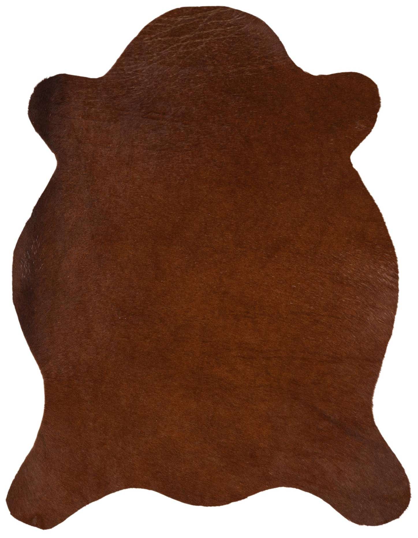 A 2x3 rectangular brown cowhide leather rug with a natural, irregular shape and textured pile.
