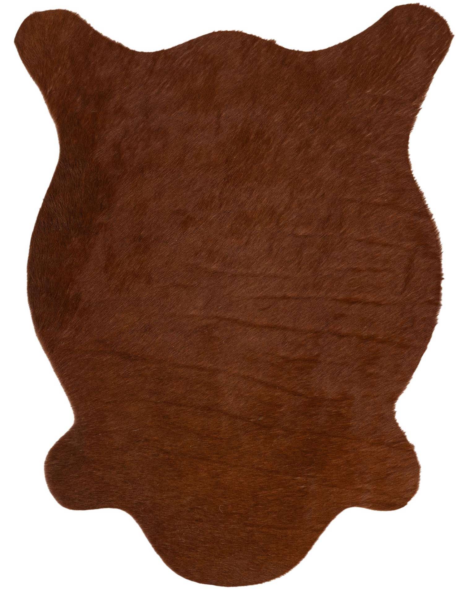 A 2x3 brown cowhide leather rug with an irregular, natural shape and flat, textured pile.