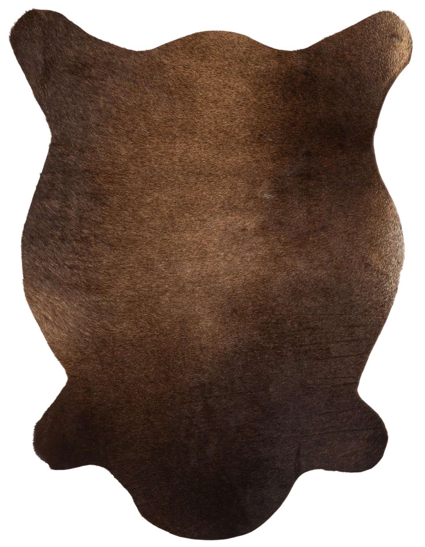 A 2x3 rectangular brown cowhide leather rug with a natural, irregular shape and flat, textured pile.