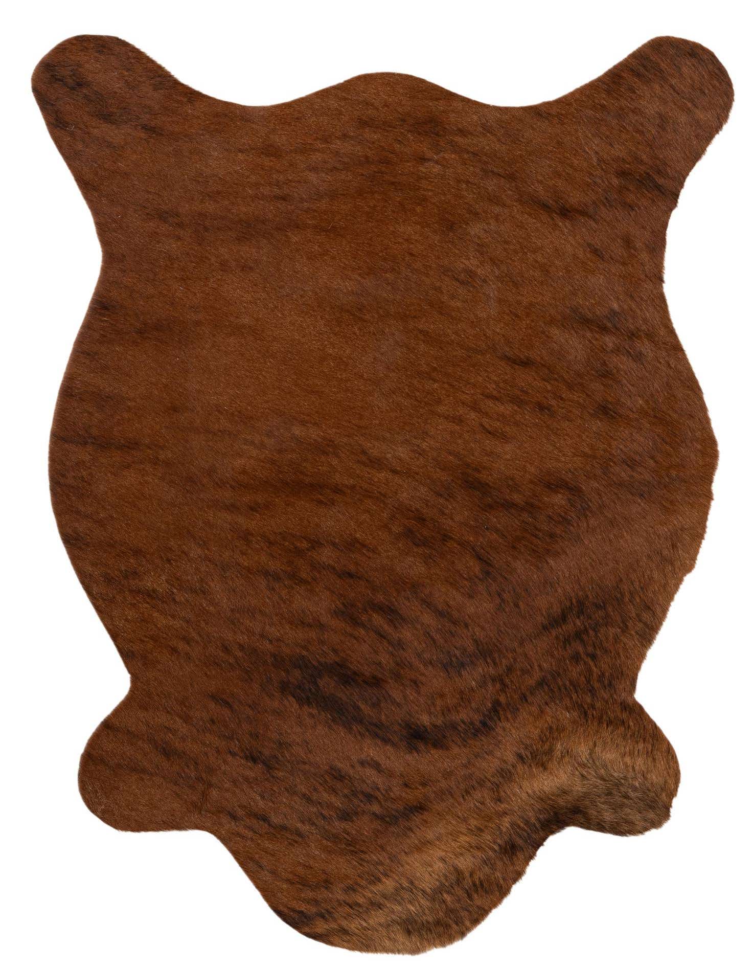 A 2x3 rectangular cowhide rug in varying shades of brown and tan, featuring a natural, irregular shape and short, textured pile.