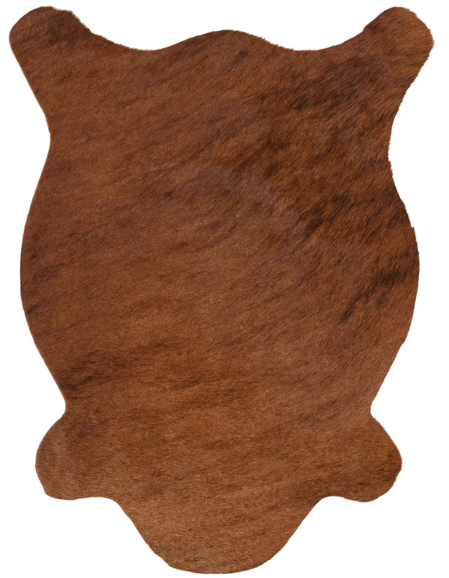 A 2x3 brown cowhide rug with natural, irregular edges and subtle tan variations, perfect for a modern entryway.