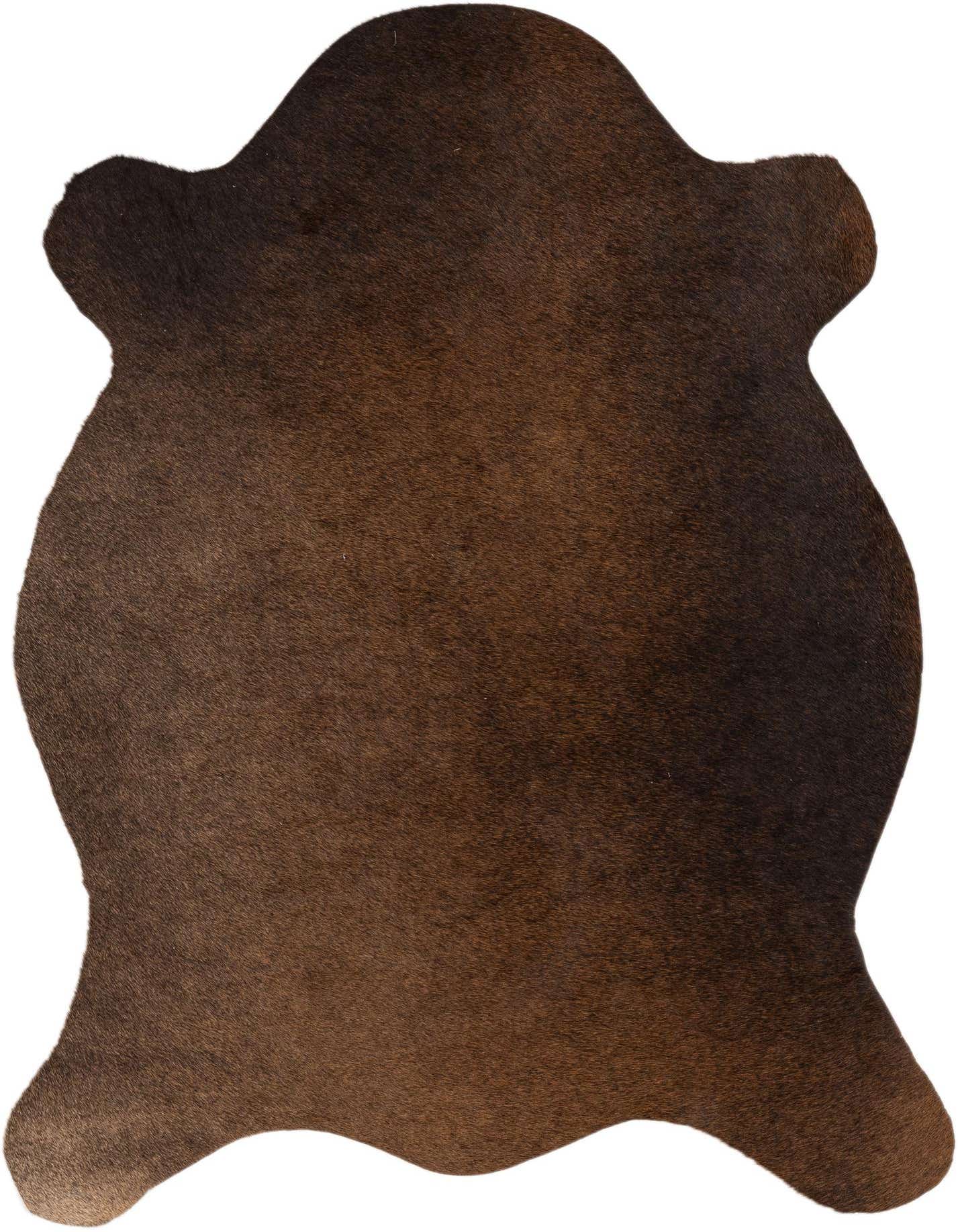 A 2x3 rectangular brown and tan cowhide rug with a natural, irregular shape and textured flat pile.