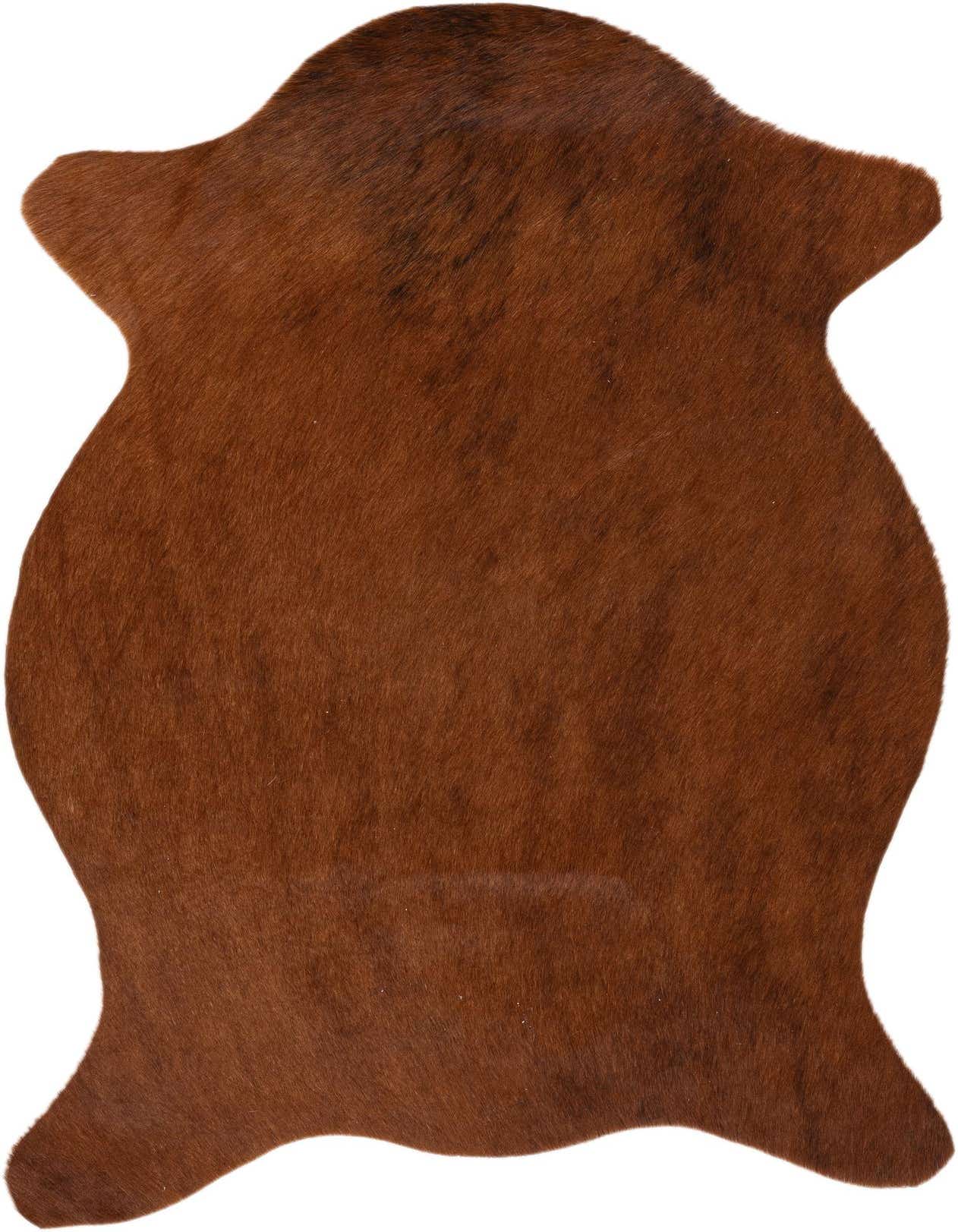 A 2x3 brown cowhide rug with natural, irregular edges and subtle tan and dark brown variations in its flat, textured pile.