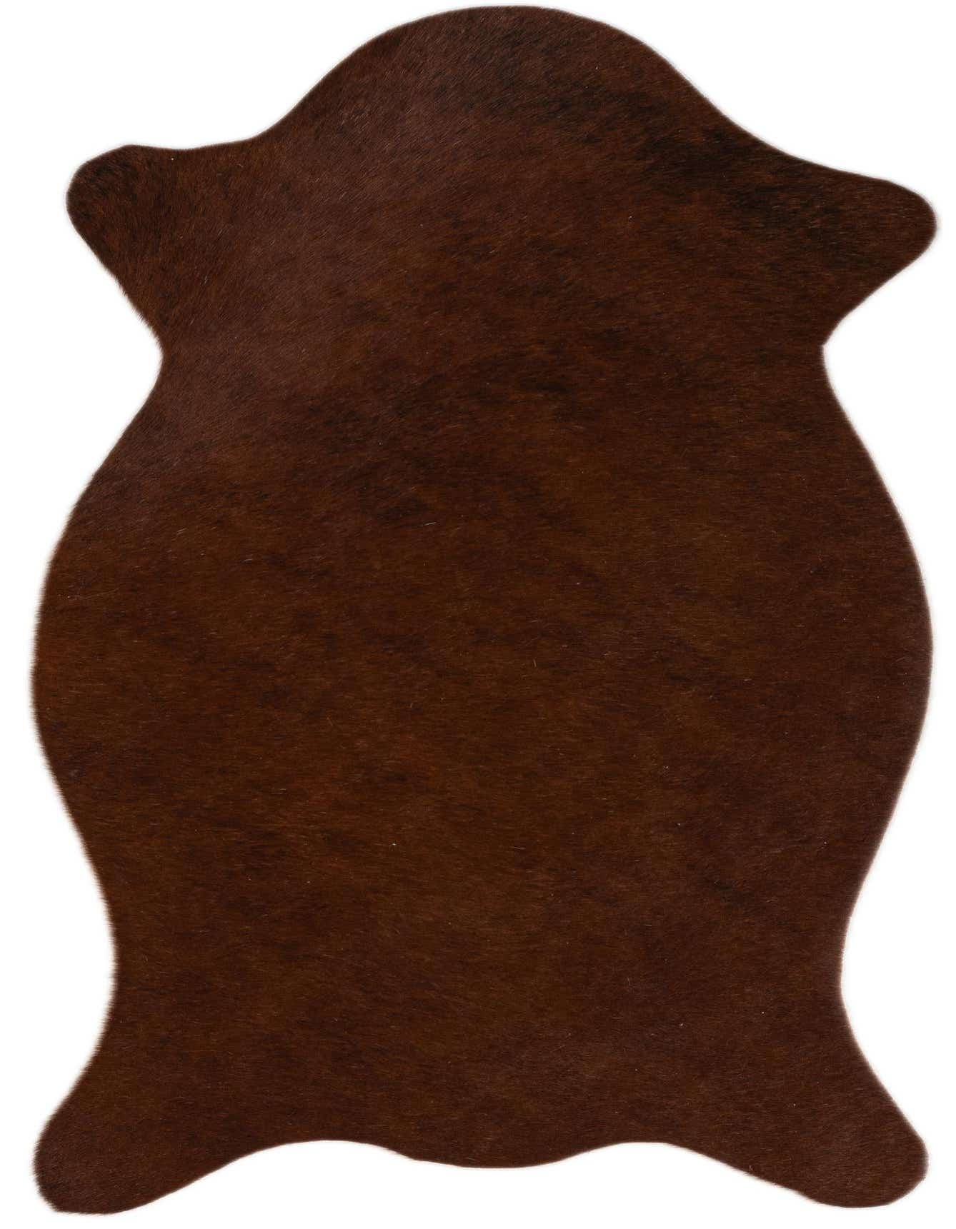 A 2x3 rectangular Rugs.com Cowhide Leather rug in rich brown and tan tones, featuring a modern, natural shape.