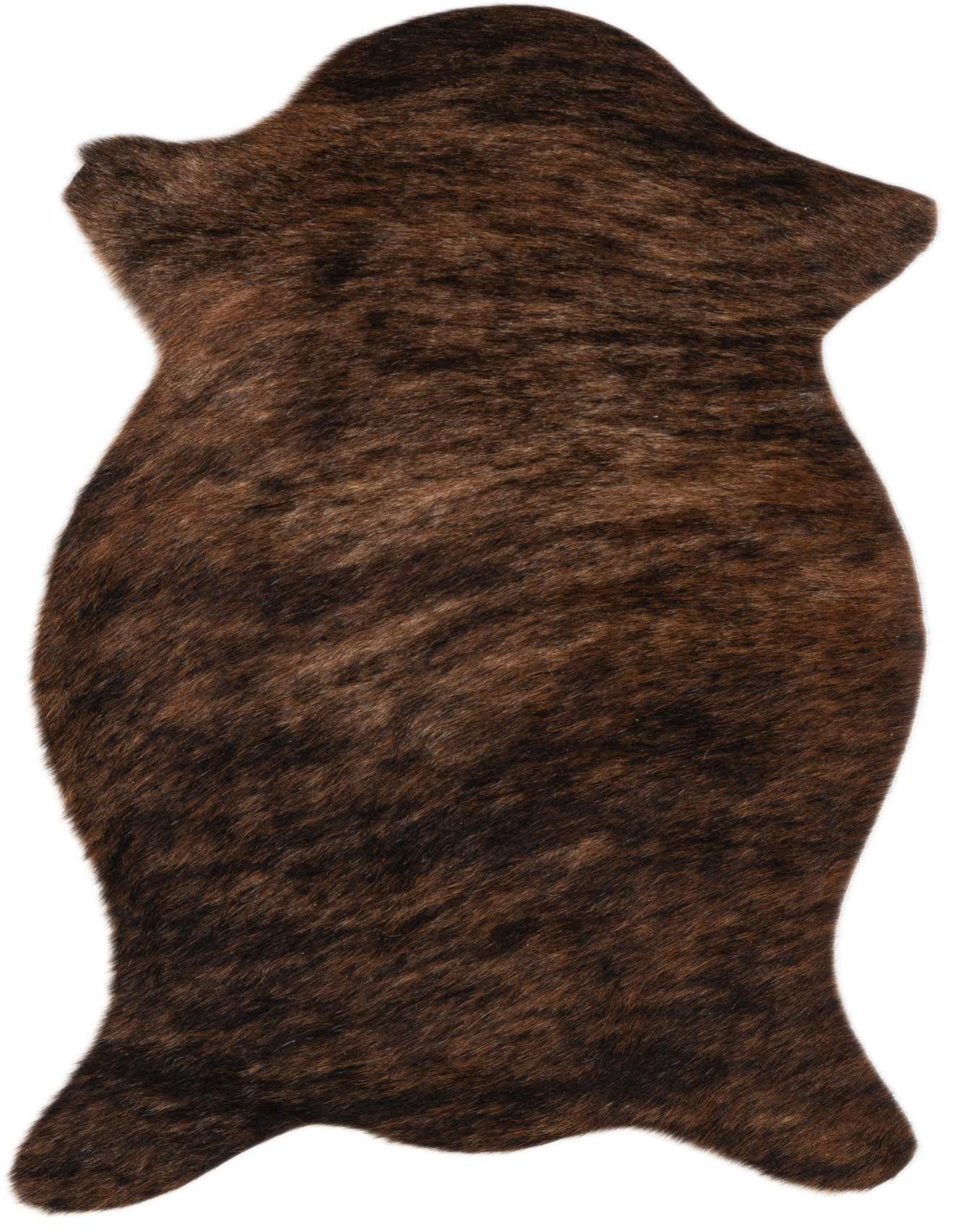 A 2x3 rectangular cowhide rug with a natural brindle pattern in varying shades of brown and tan.