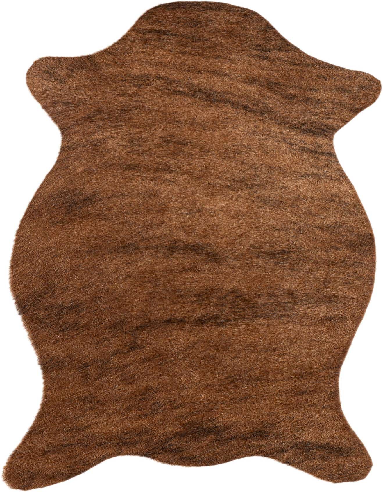 A 2x3 rectangular cowhide rug in varying shades of brown and tan, featuring a natural, irregular shape and textured pile.
