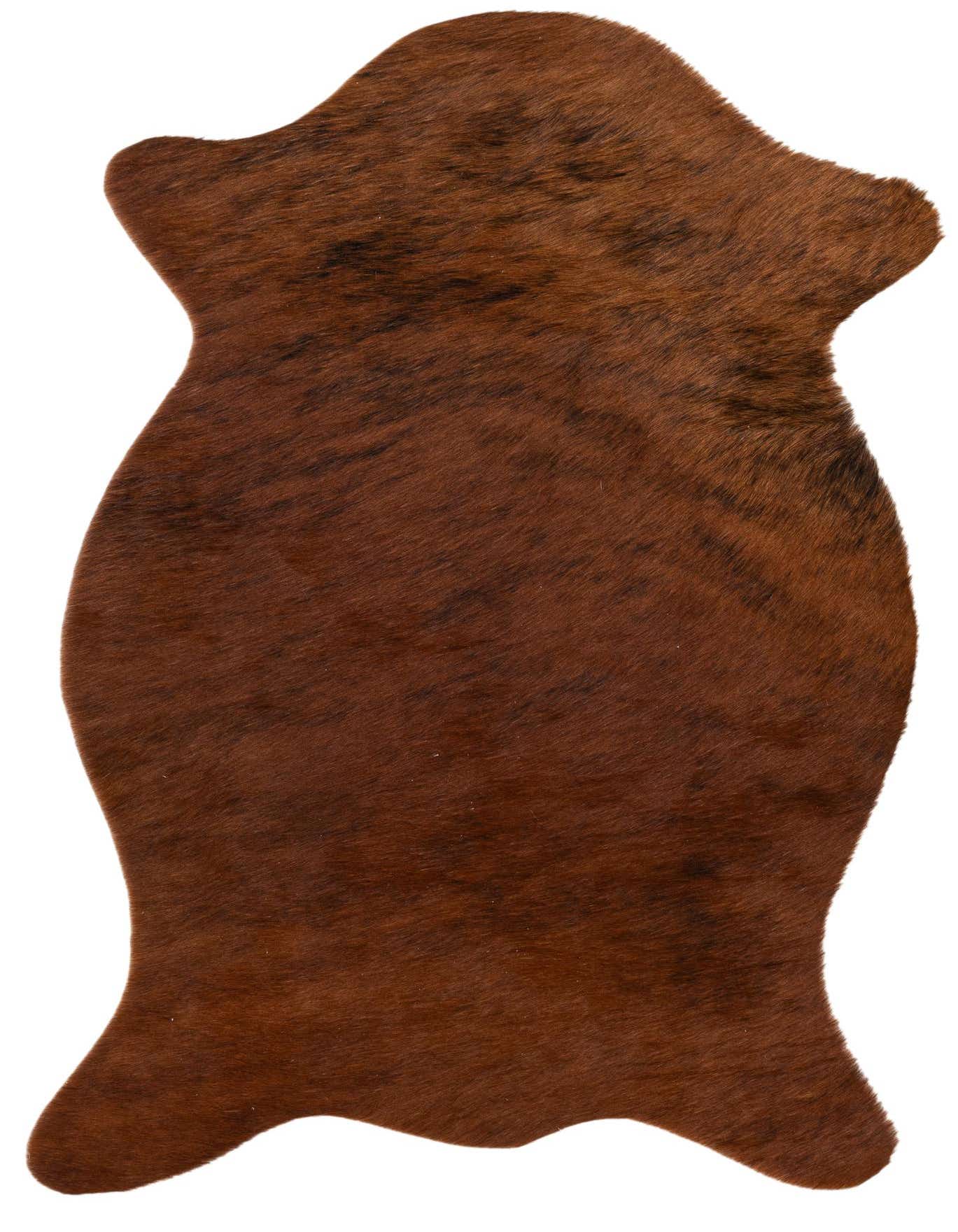 A 2x3 rectangular cowhide rug in varying shades of brown and tan, featuring a natural, irregular shape.