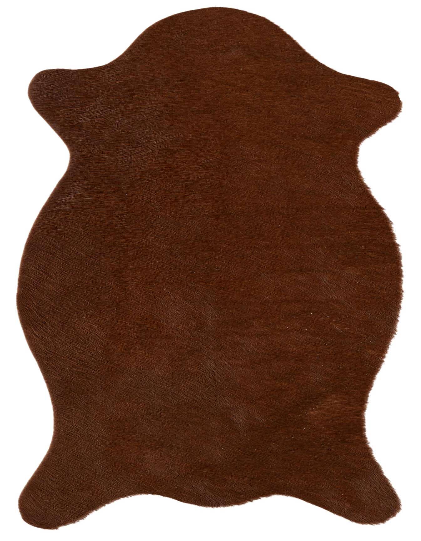 A 2x3 brown cowhide rug with a natural, irregular shape and short, textured pile, perfect for a modern living space.