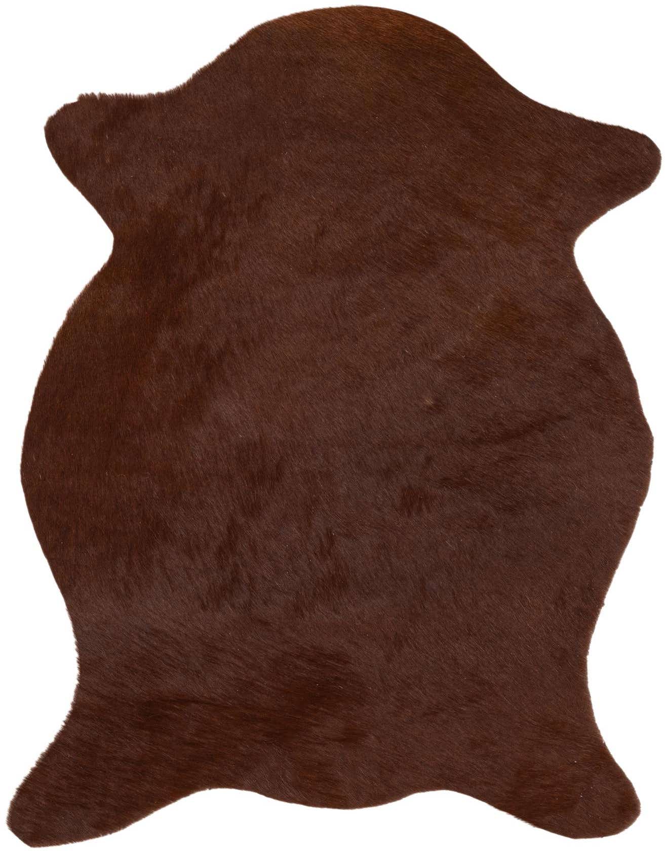 A 2x3 rectangular brown cowhide leather rug with a natural, irregular shape and flat, textured pile.
