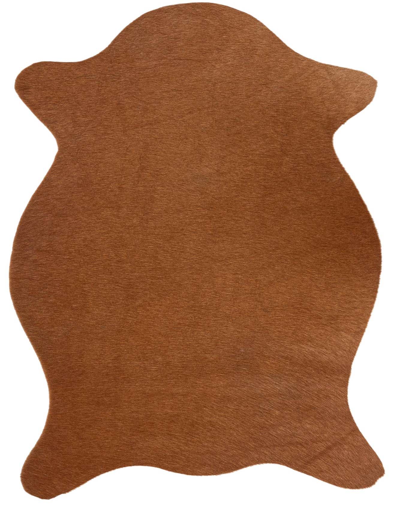 A 2x3 rectangular brown cowhide leather rug with a flat, textured pile, perfect for a modern entryway.