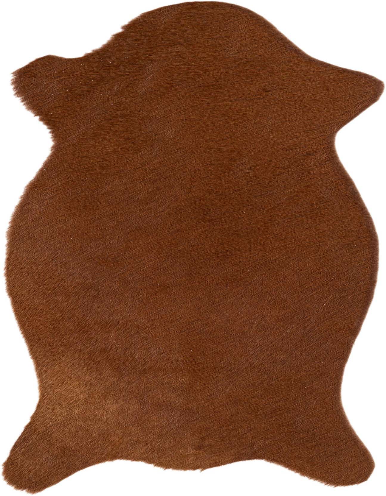 A 2x3 rectangular Rugs.com Cowhide Leather rug in a rich brown color, featuring a natural, irregular shape and flat, textured pile.