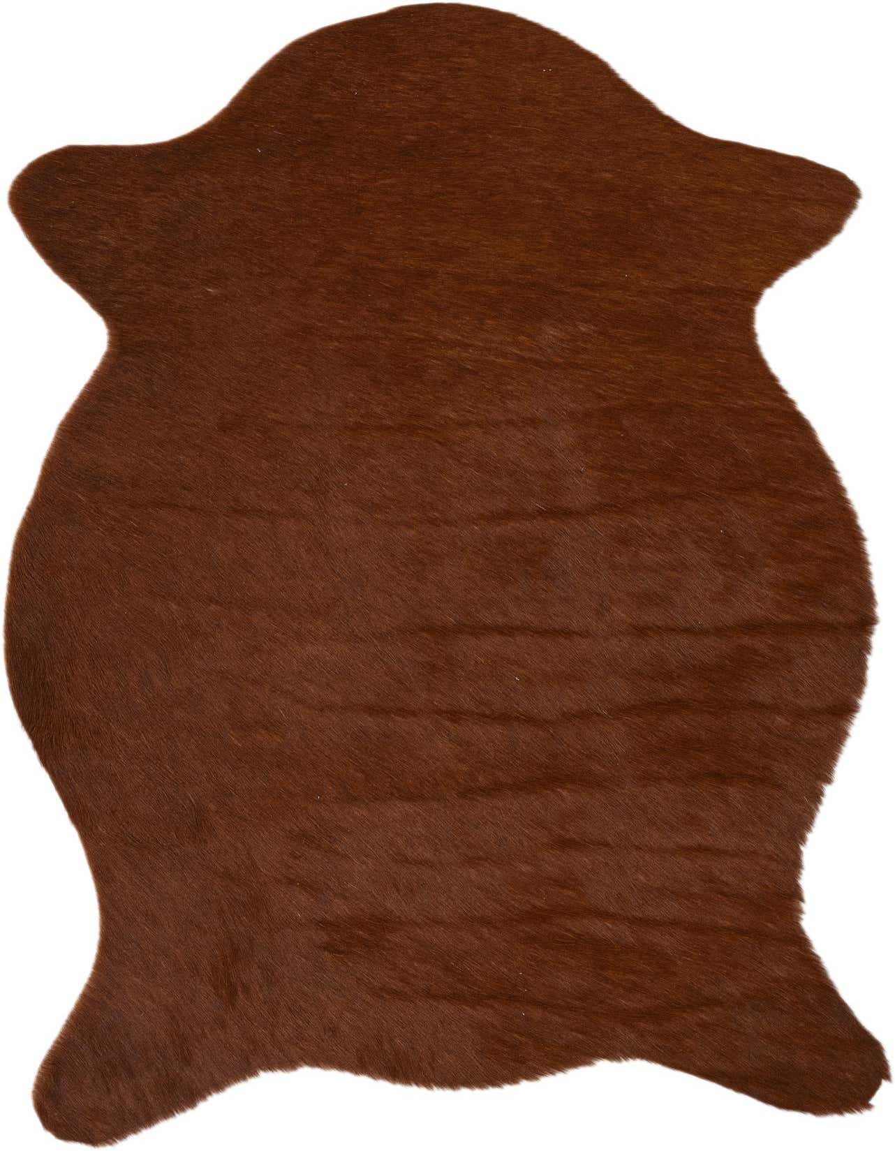A 2x3 rectangular brown cowhide rug with a natural, irregular shape, featuring a flat, textured pile.