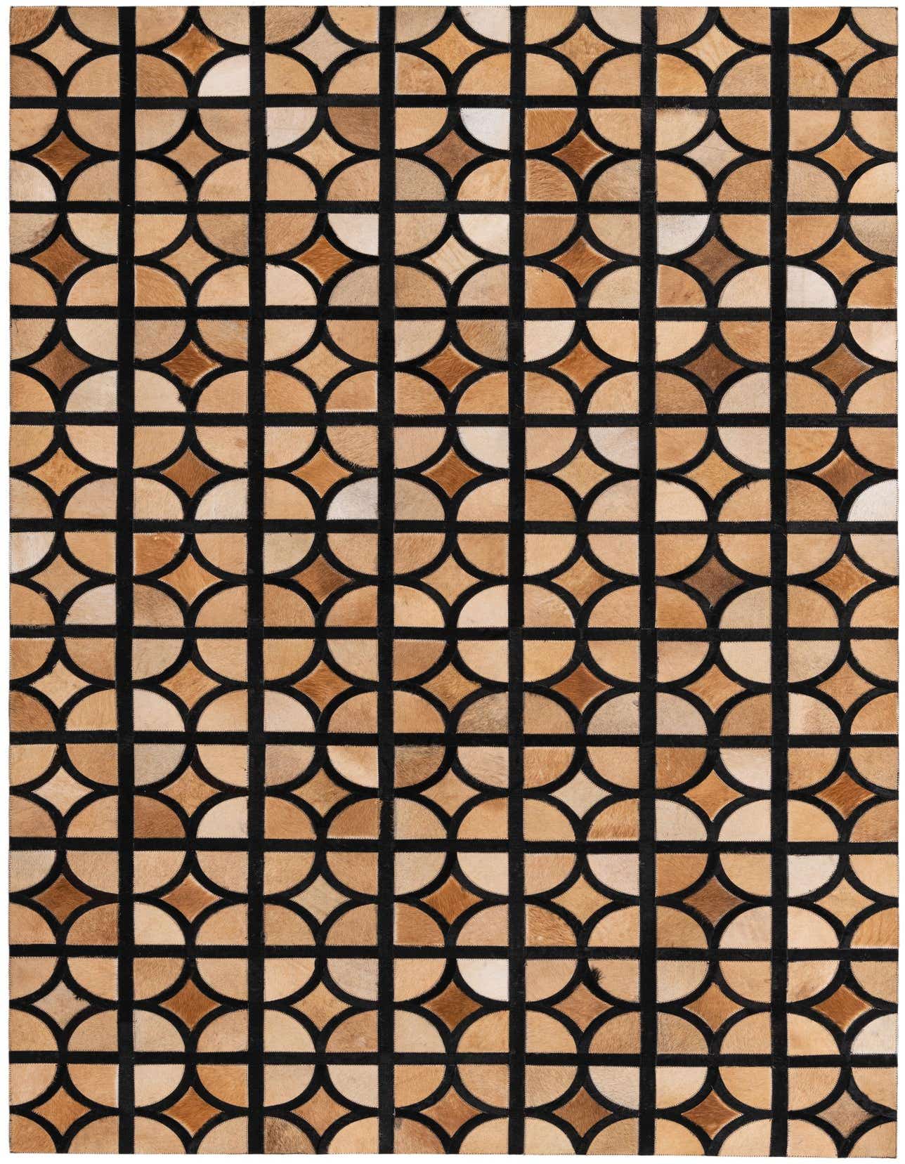 A 5x8 rectangular Cowhide rug with a modern abstract pattern of tan and brown semicircles and diamonds on a black grid.