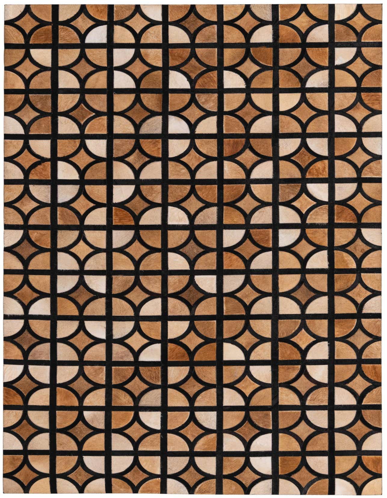 A 5x8 rectangular Cowhide rug featuring a modern abstract pattern of brown and tan semicircles and squares on a black grid.