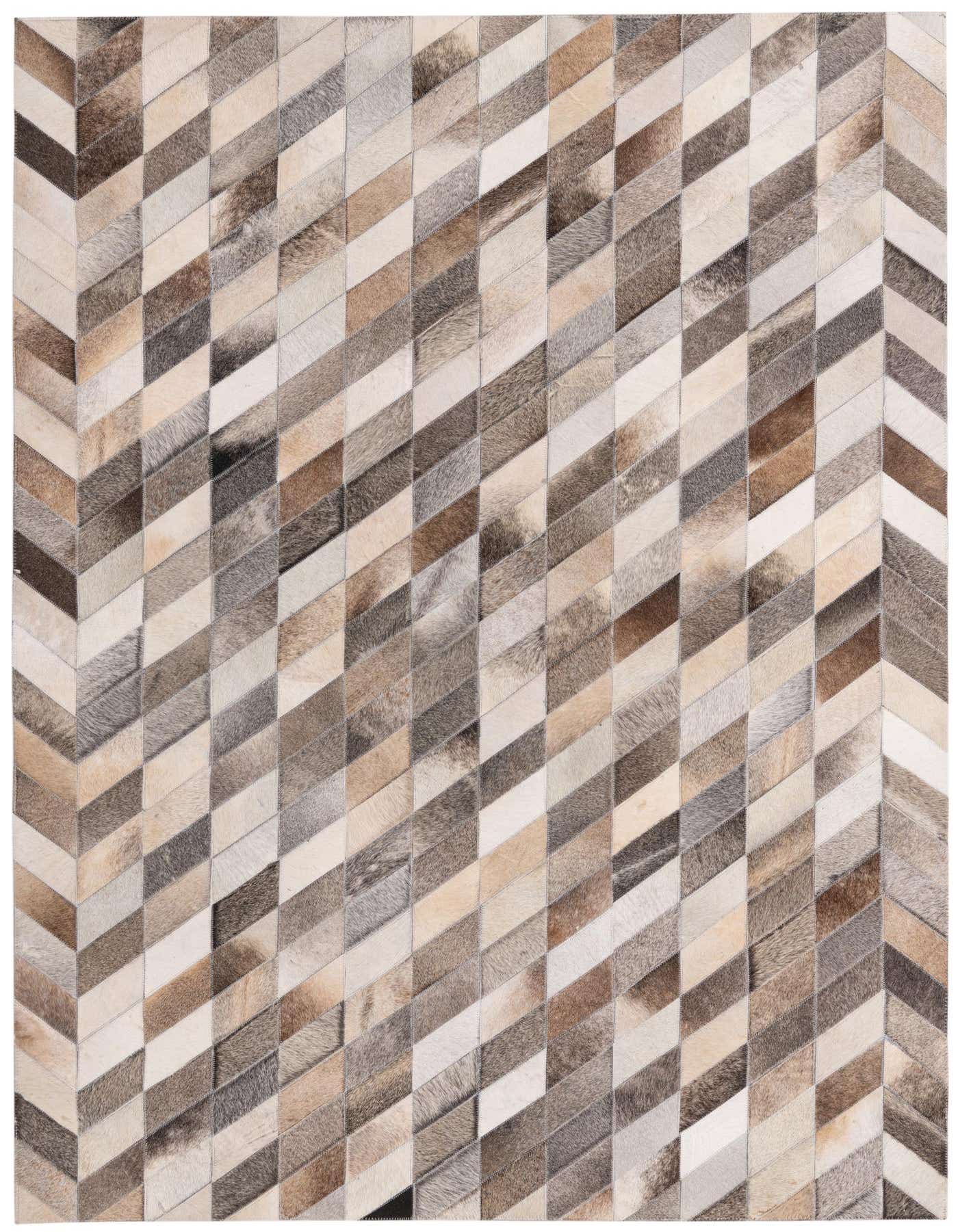 A 5x8 rectangular cowhide rug featuring a modern abstract chevron pattern in various shades of brown, tan, and cream.