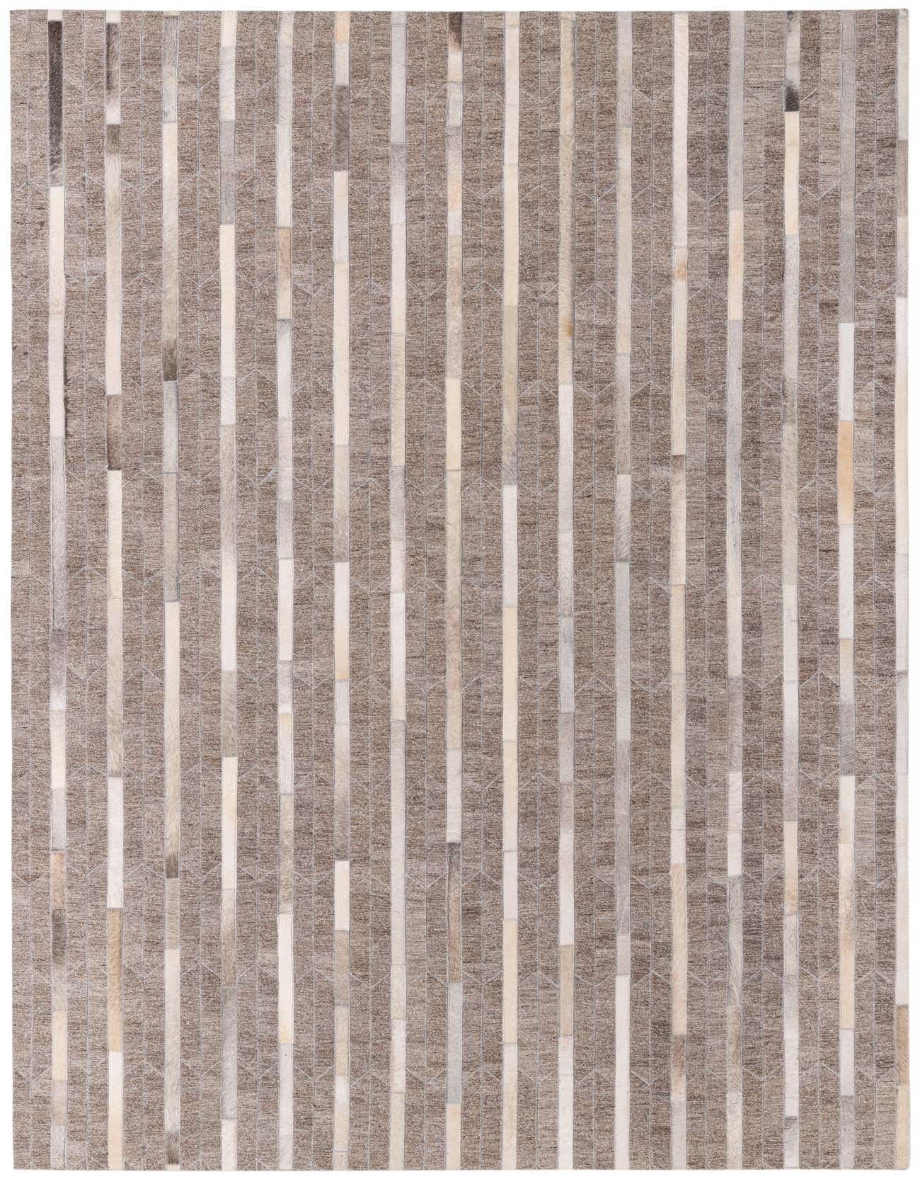 A 5x8 rectangular Cowhide rug featuring a modern stripe pattern in varying shades of brown and tan.
