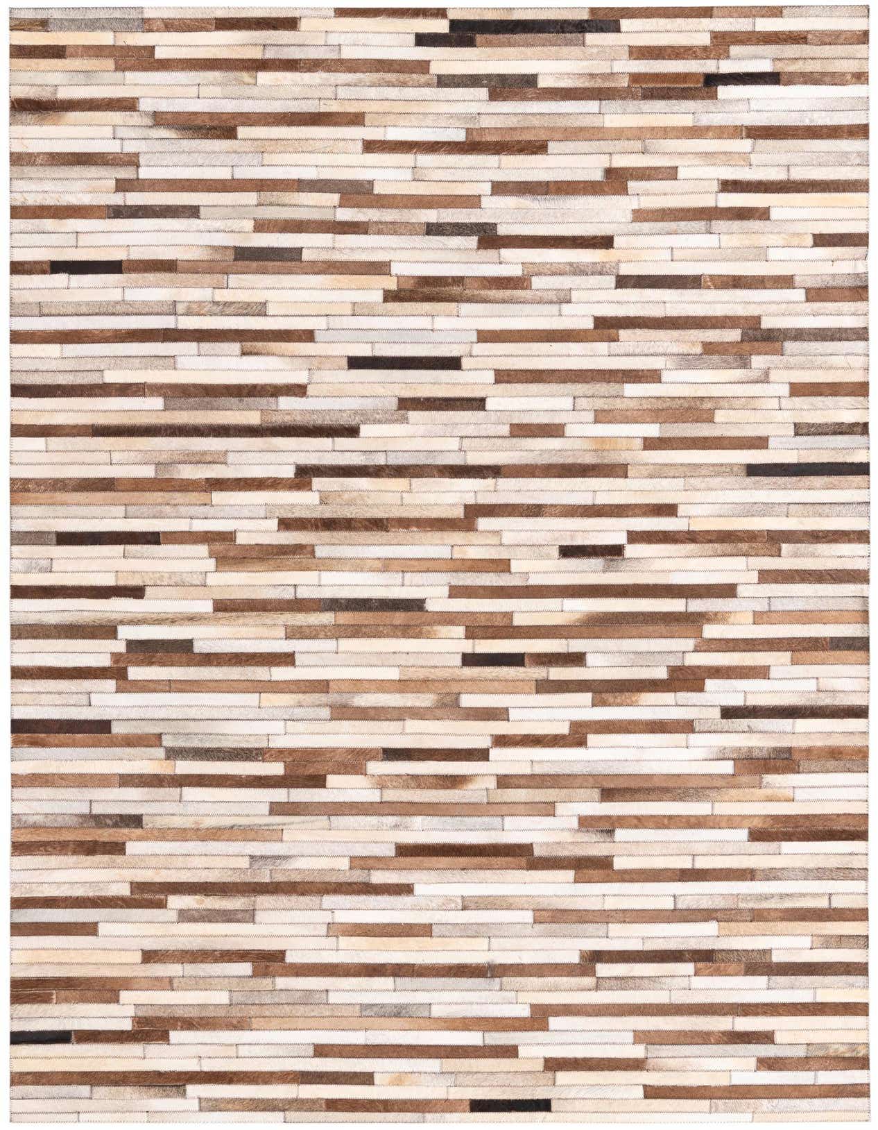 A rectangular 5x8 Cowhide rug featuring a modern stripe pattern in varying shades of brown, tan, and cream.