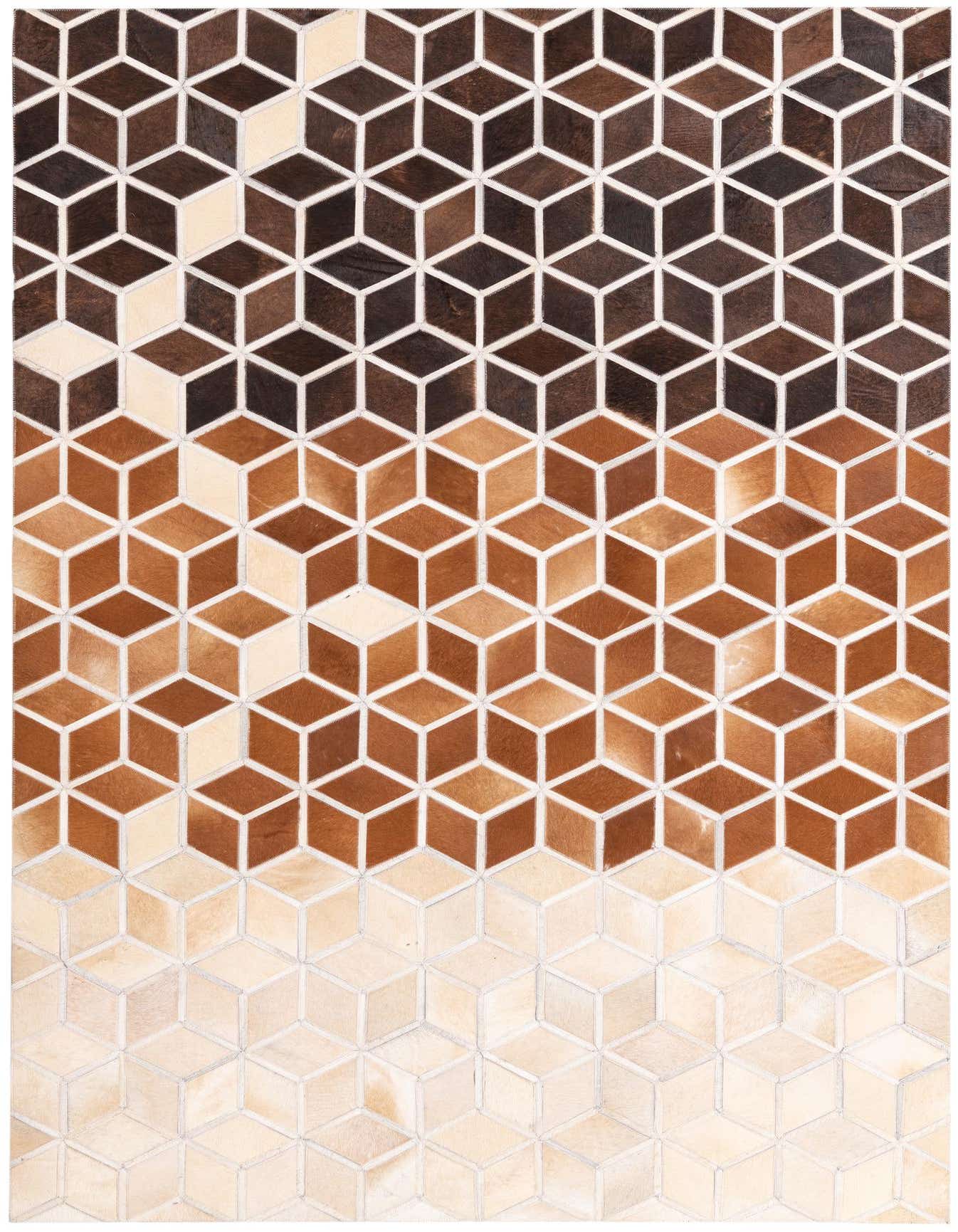A 5x8 rectangular Cowhide rug featuring a modern geometric pattern with brown and tan diamond shapes.