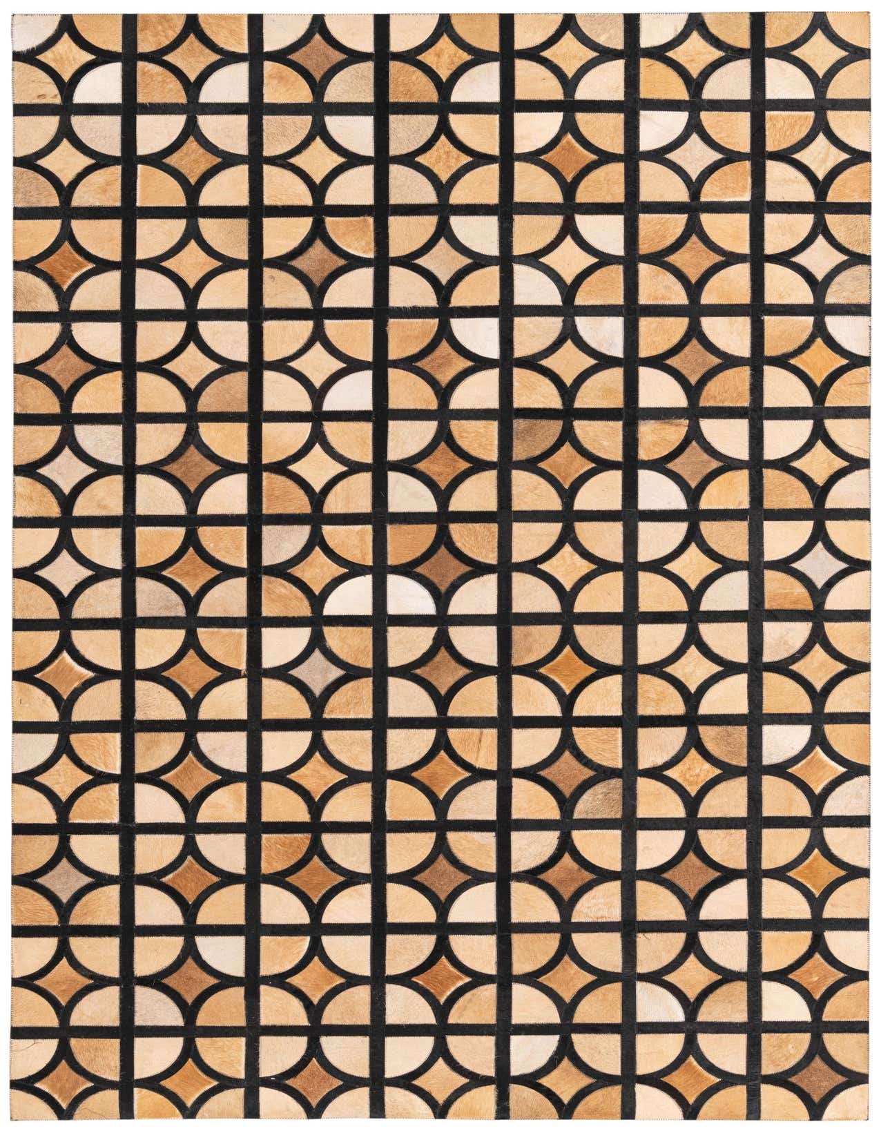 A 5x8 rectangular Cowhide rug featuring a modern geometric pattern of tan and brown semi-circles and quarter-circles outlined in black.