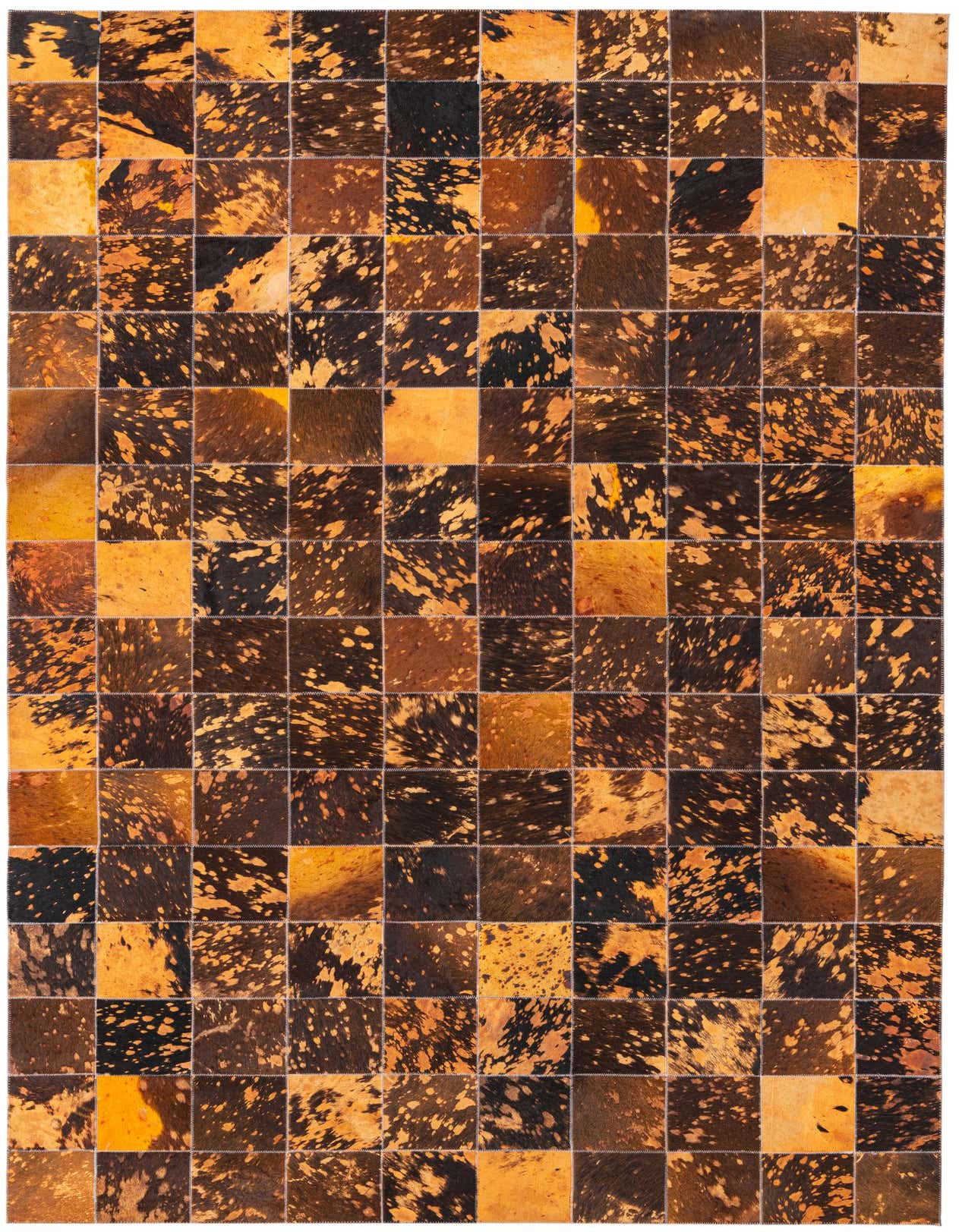 A rectangular 5x8 modern cowhide rug featuring a patchwork of brown and tan squares with natural variations.