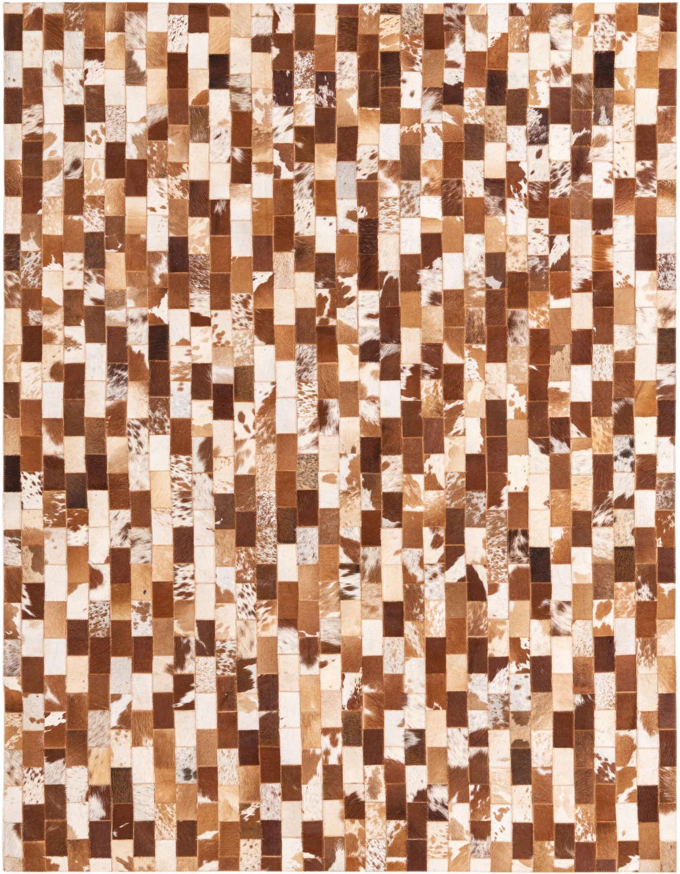 A 5x8 rectangular Cowhide rug featuring a modern stripe pattern of various brown and tan patches.