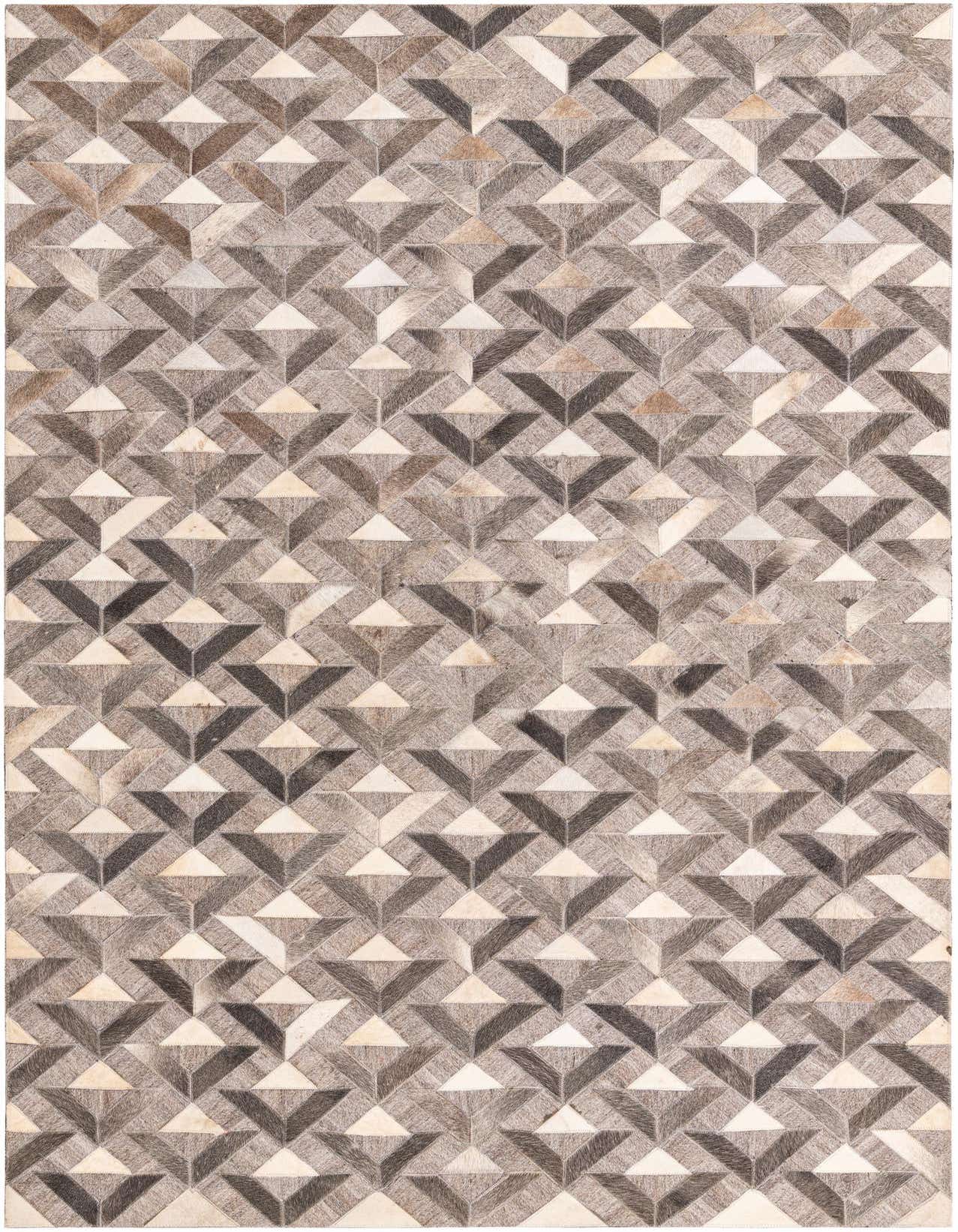A 5x8 rectangular Cowhide rug featuring a modern geometric pattern in various shades of brown and tan, suitable for a living room.