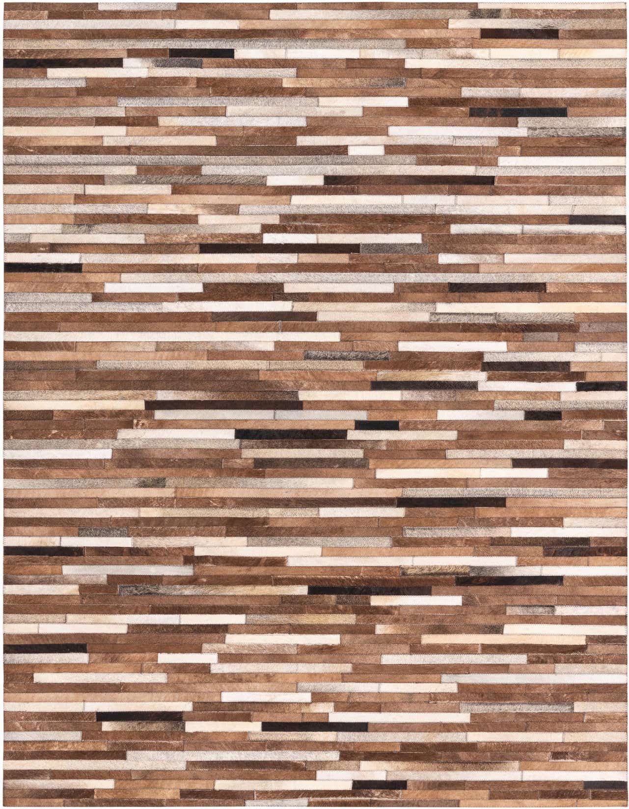 A rectangular 5x8 Cowhide rug featuring a modern stripe pattern in various shades of brown, tan, and white.