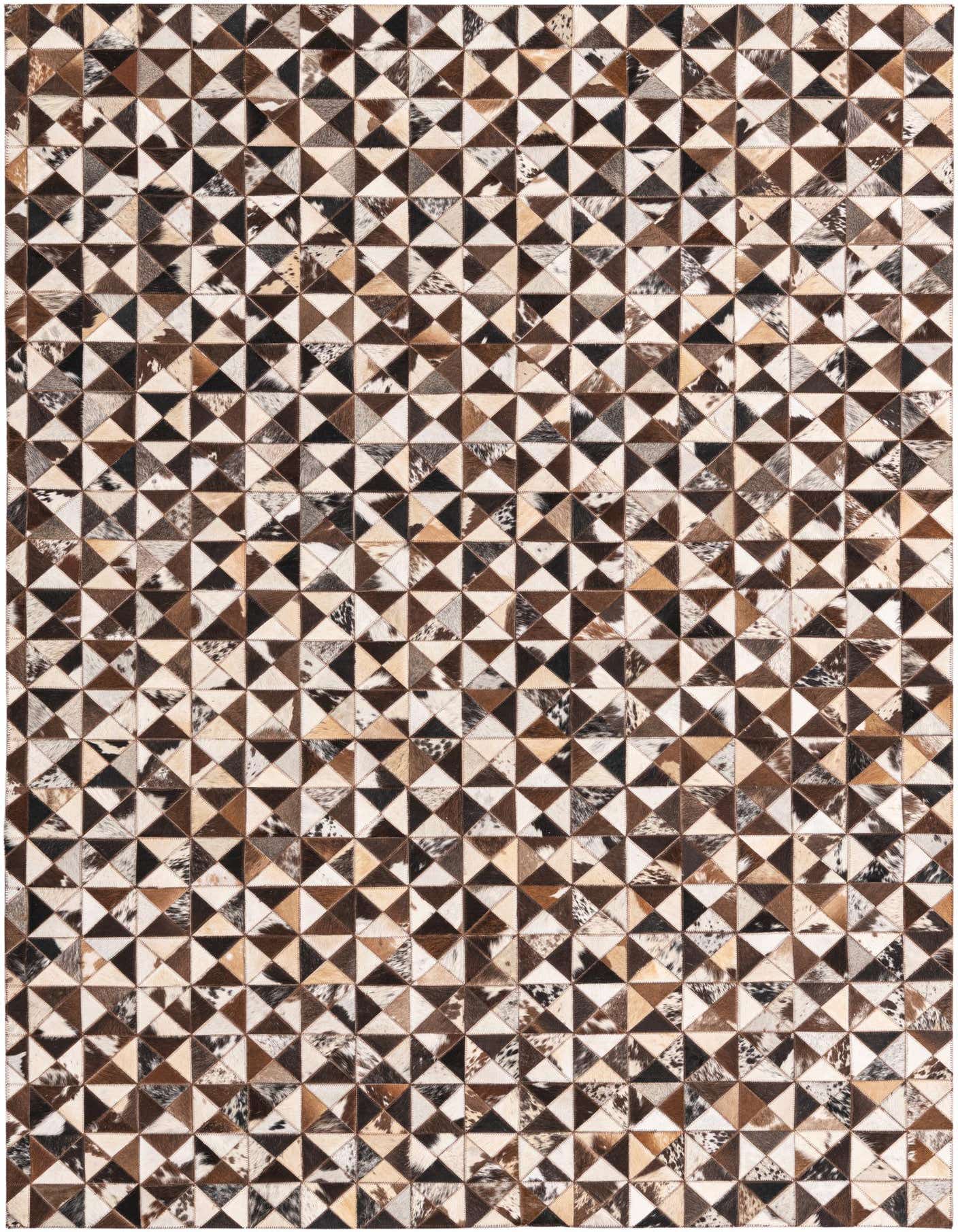 A 5x8 rectangular Cowhide rug with a modern geometric pattern of brown, tan, and white triangles.