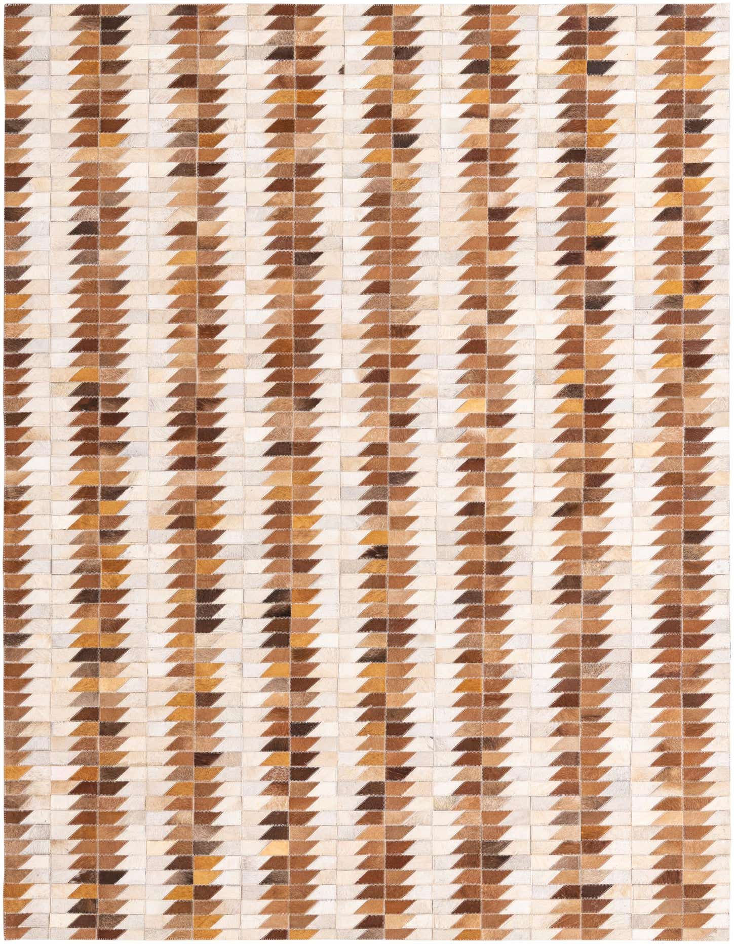 A 5x8 rectangular Cowhide rug featuring a modern geometric pattern of alternating brown, tan, and cream leather patches.