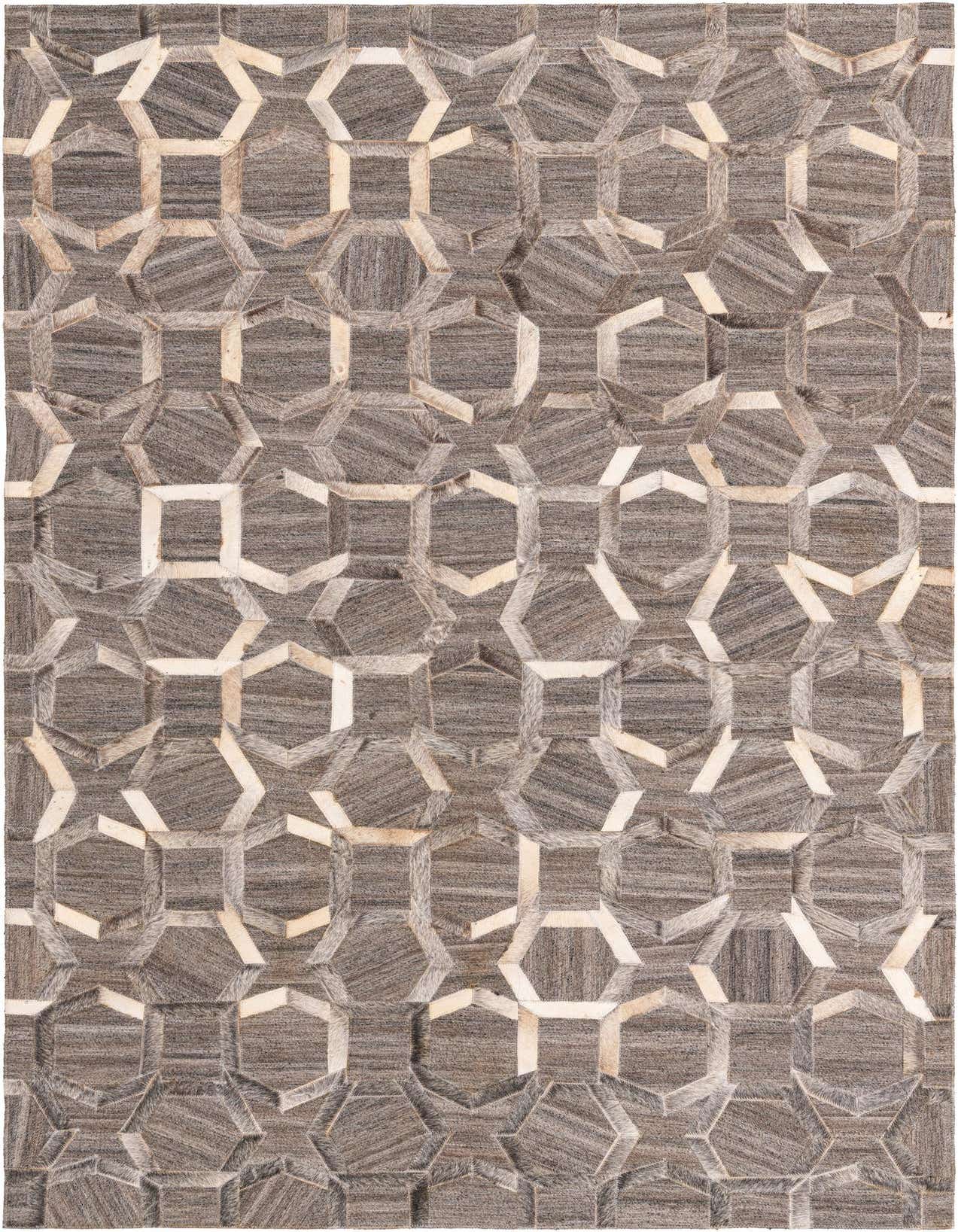 A 5x8 rectangular Cowhide rug in browns and tans, featuring a modern geometric pattern of interlocking hexagons and squares.