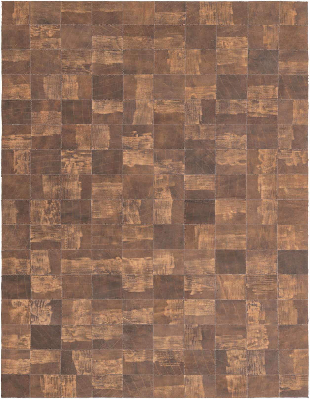 A 5x8 rectangular Cowhide rug in varying shades of brown and tan, featuring a modern patchwork design with visible stitching.
