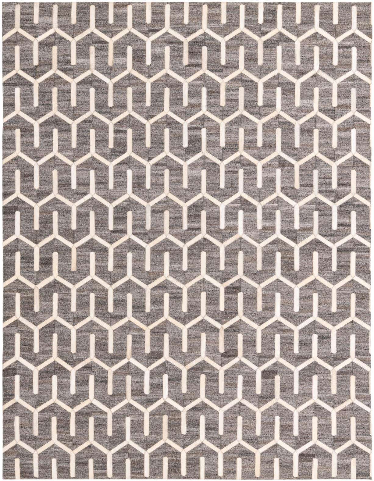 A 5x8 rectangular Cowhide rug featuring a modern geometric pattern in varying shades of brown and tan.