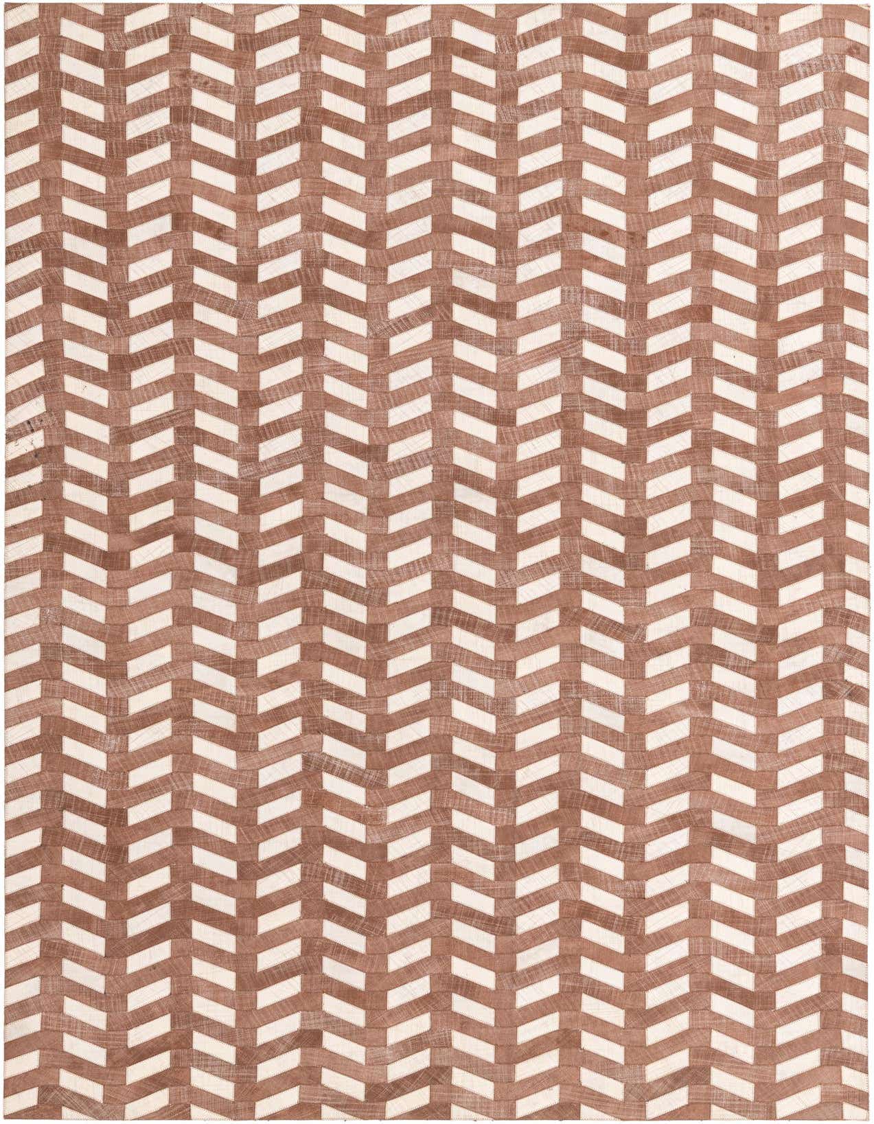 A rectangular 5x8 brown and tan modern cowhide rug with a distinctive chevron-like pattern, ideal for a living room.