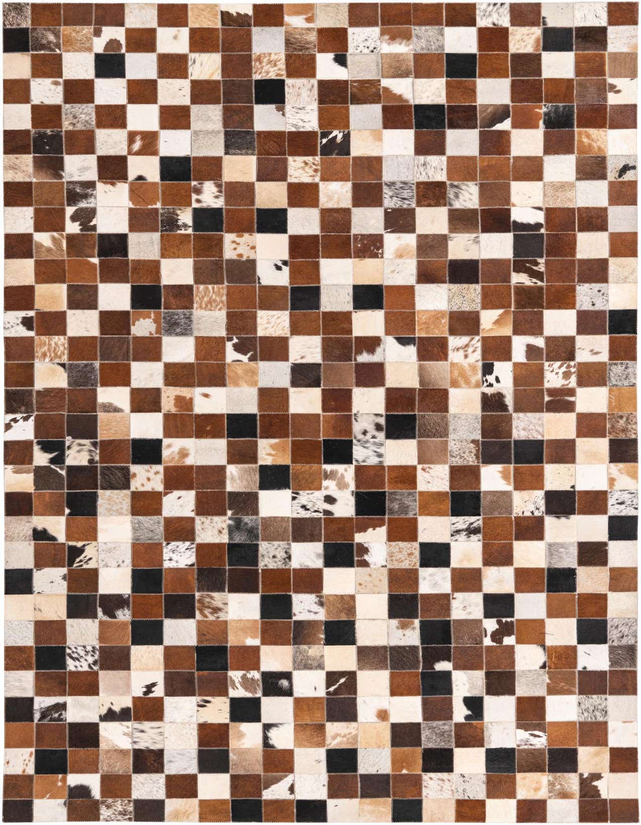 A 5x8 rectangular Cowhide rug with a modern checkerboard pattern in various shades of brown, tan, black, and white.