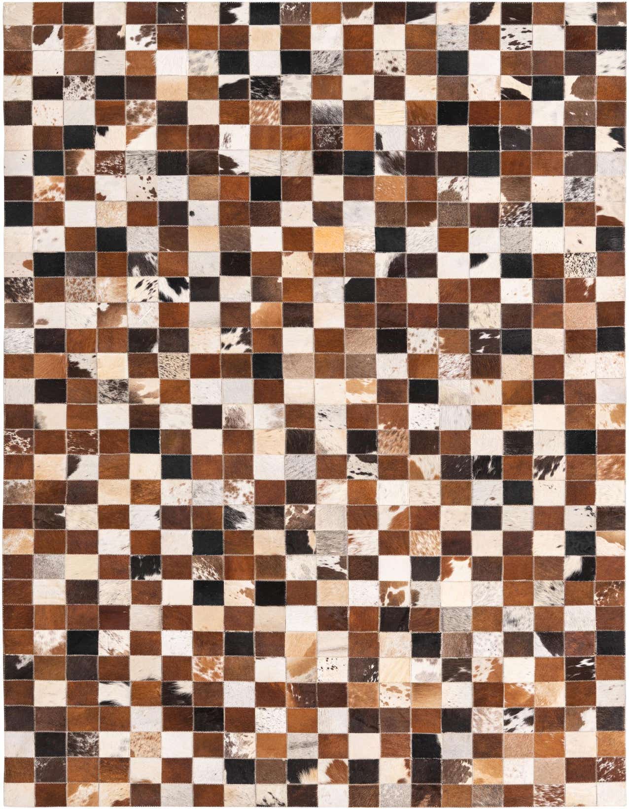 A 5x8 rectangular Cowhide rug featuring a modern checkerboard pattern in various shades of brown, tan, black, and white.