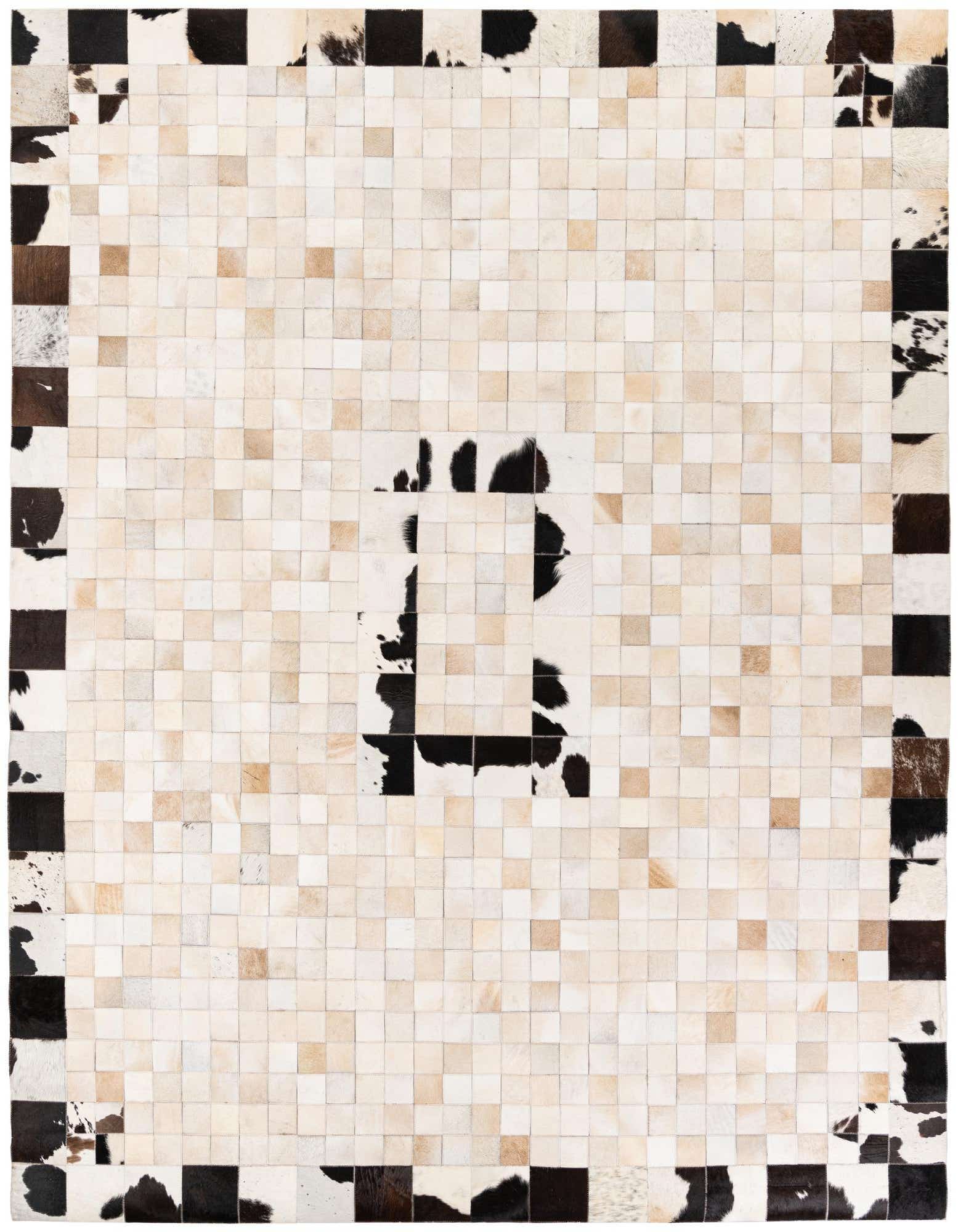 A rectangular 8x10 modern cowhide rug with a mosaic pattern of brown and tan squares, featuring a dark brown border.