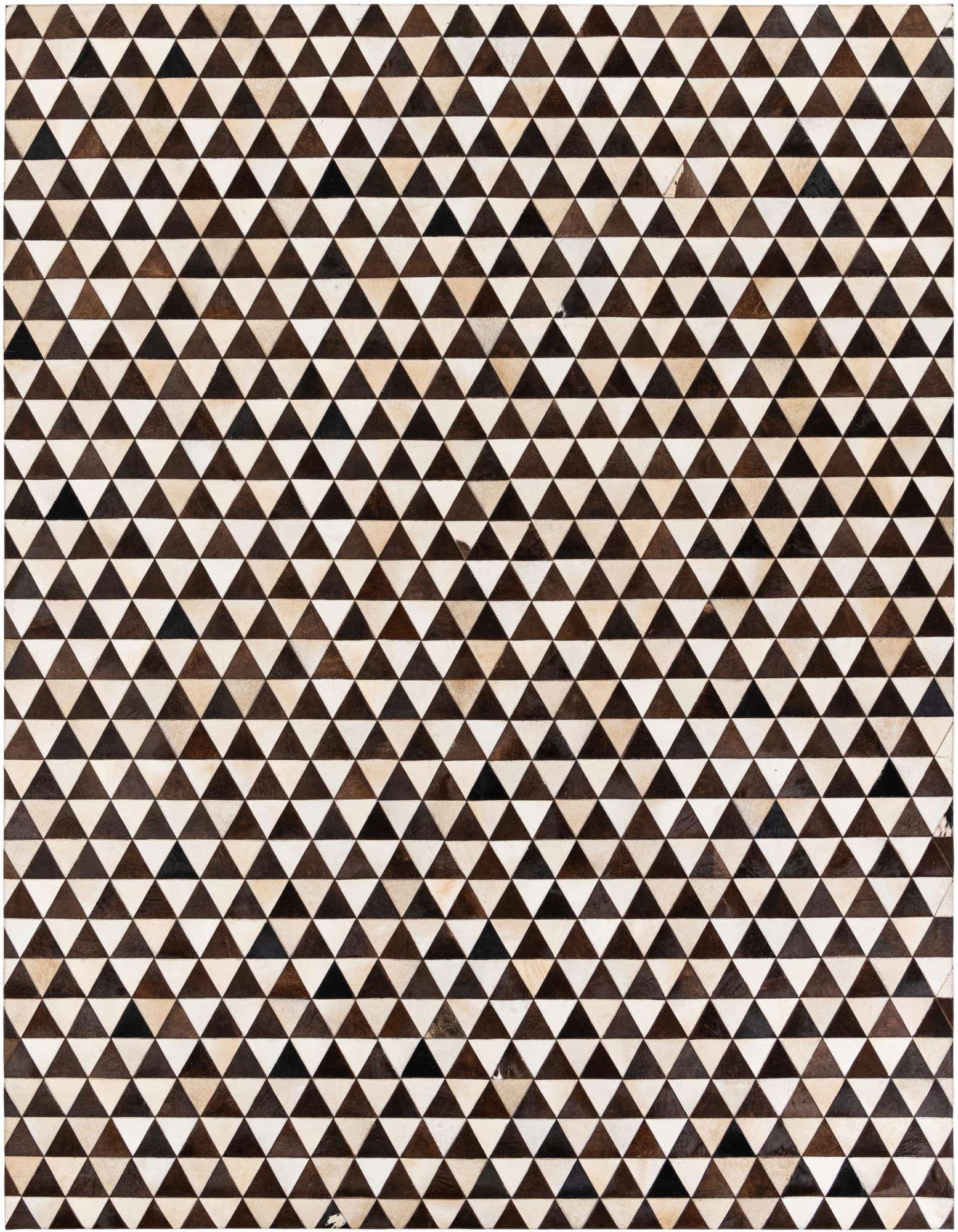 A rectangular 8x10 Cowhide Stocks rug featuring a modern geometric pattern of alternating brown and tan triangles.