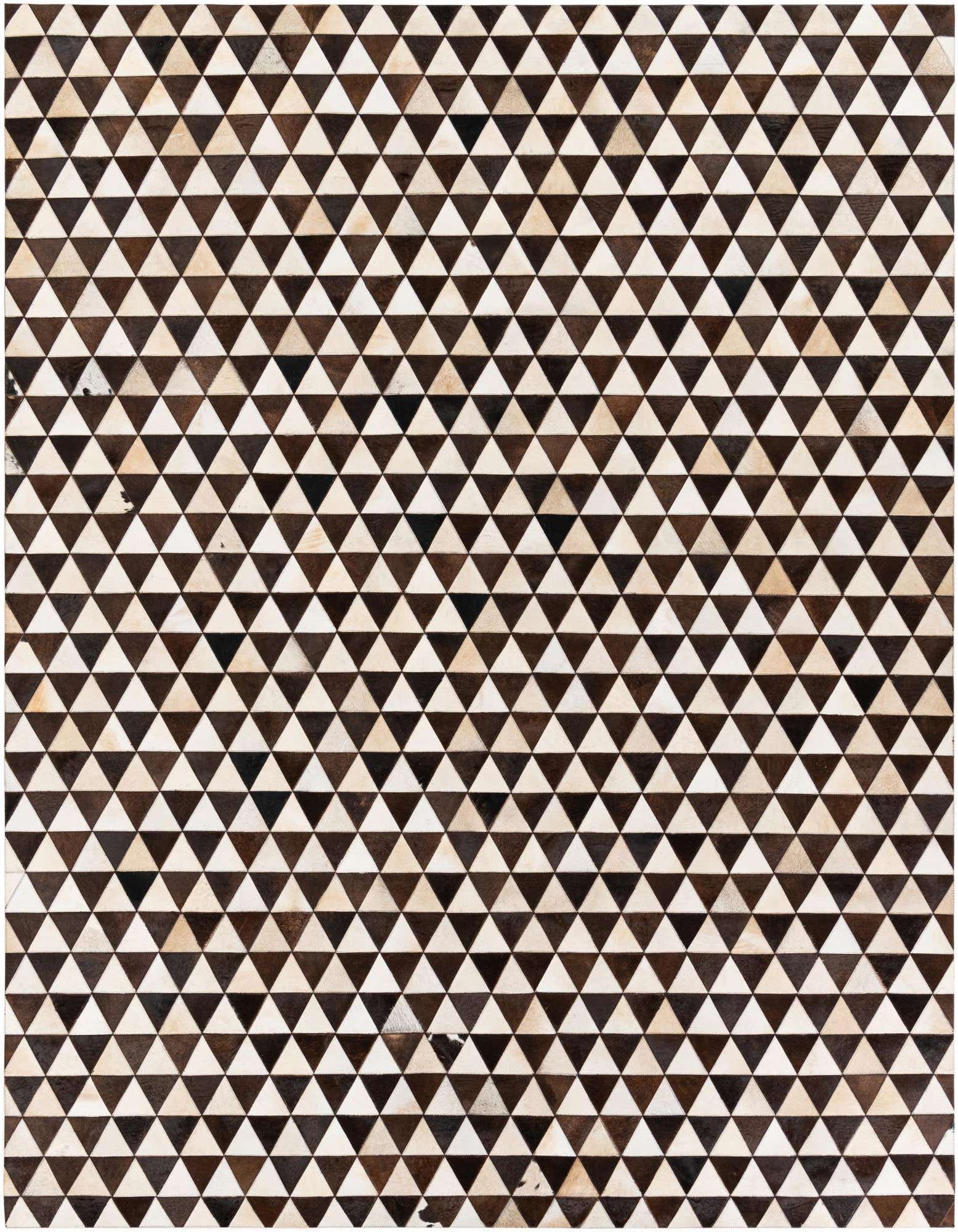 A rectangular 8x10 modern cowhide rug with a geometric pattern of alternating brown and tan triangles.