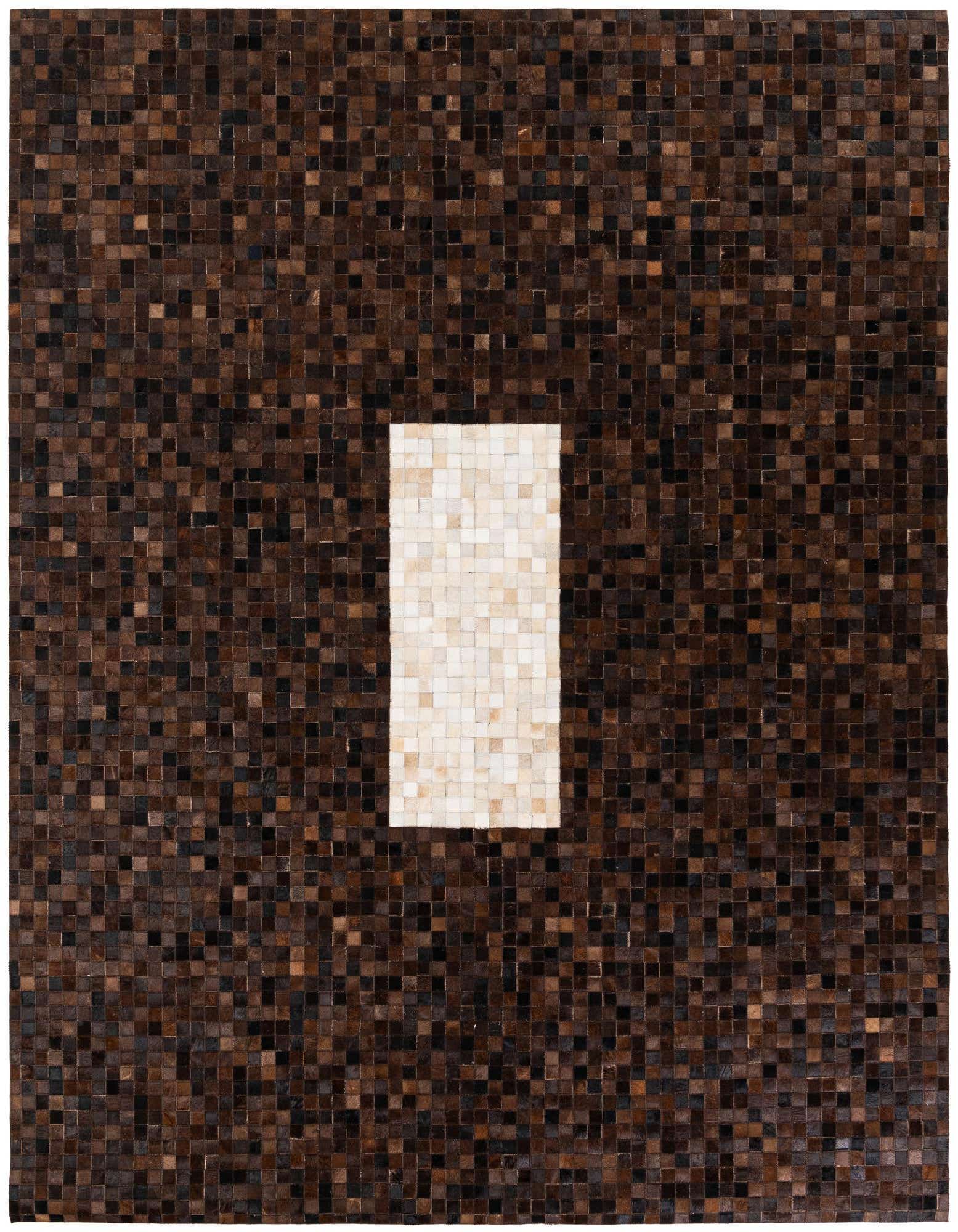 A rectangular 8x10 modern cowhide rug with a mosaic pattern of brown and tan squares, featuring a central white rectangular block.