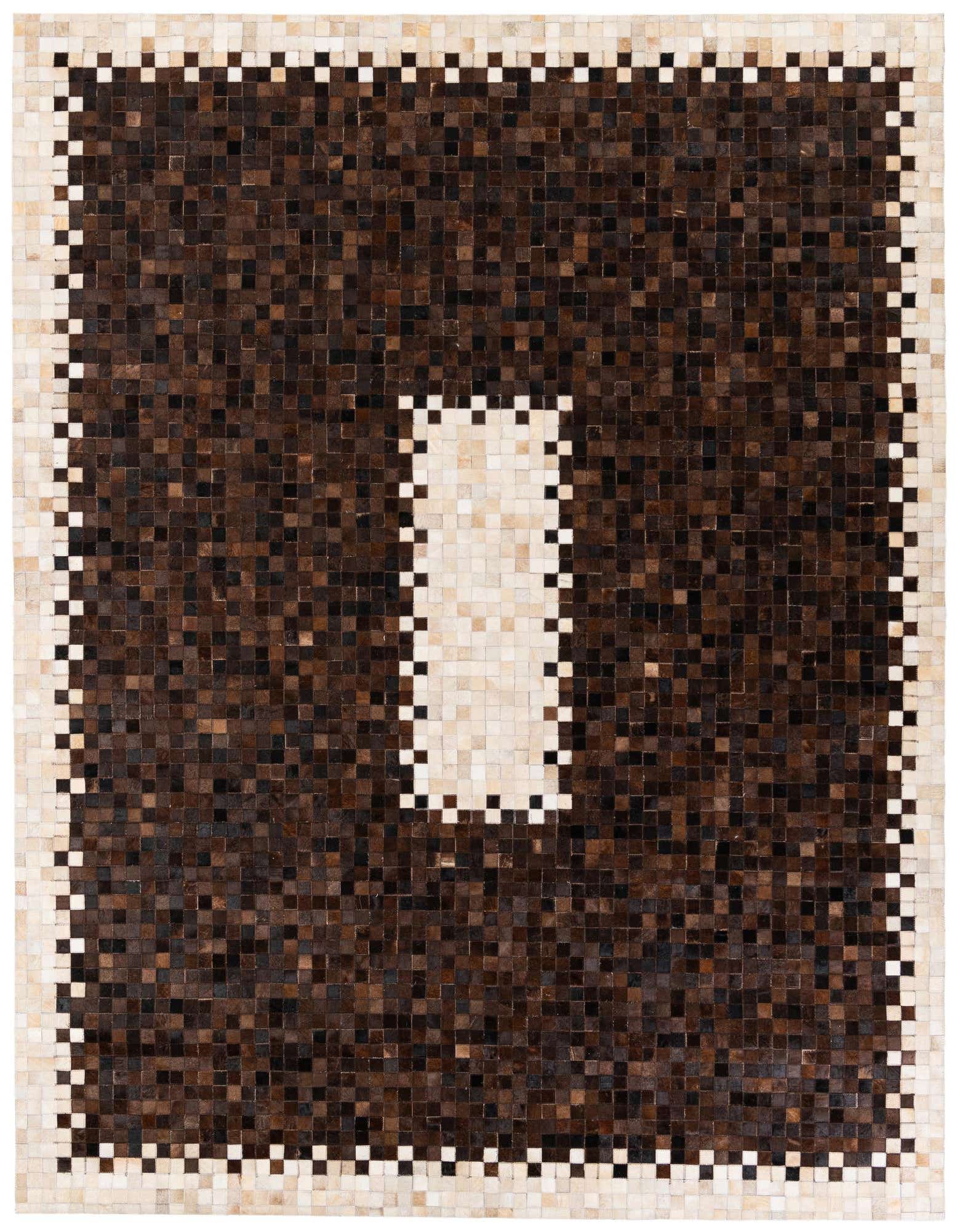 A rectangular 8x10 modern cowhide rug with a mosaic pattern in shades of brown and tan, featuring a light tan border and a central tan rectangle.