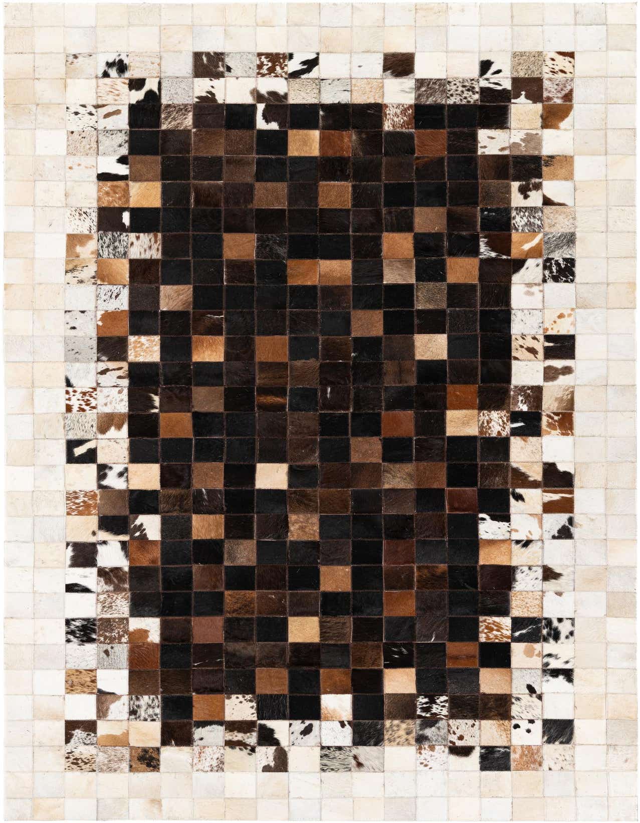 A rectangular 5x8 modern cowhide rug featuring a checkerboard pattern of brown, tan, black, and white patches.