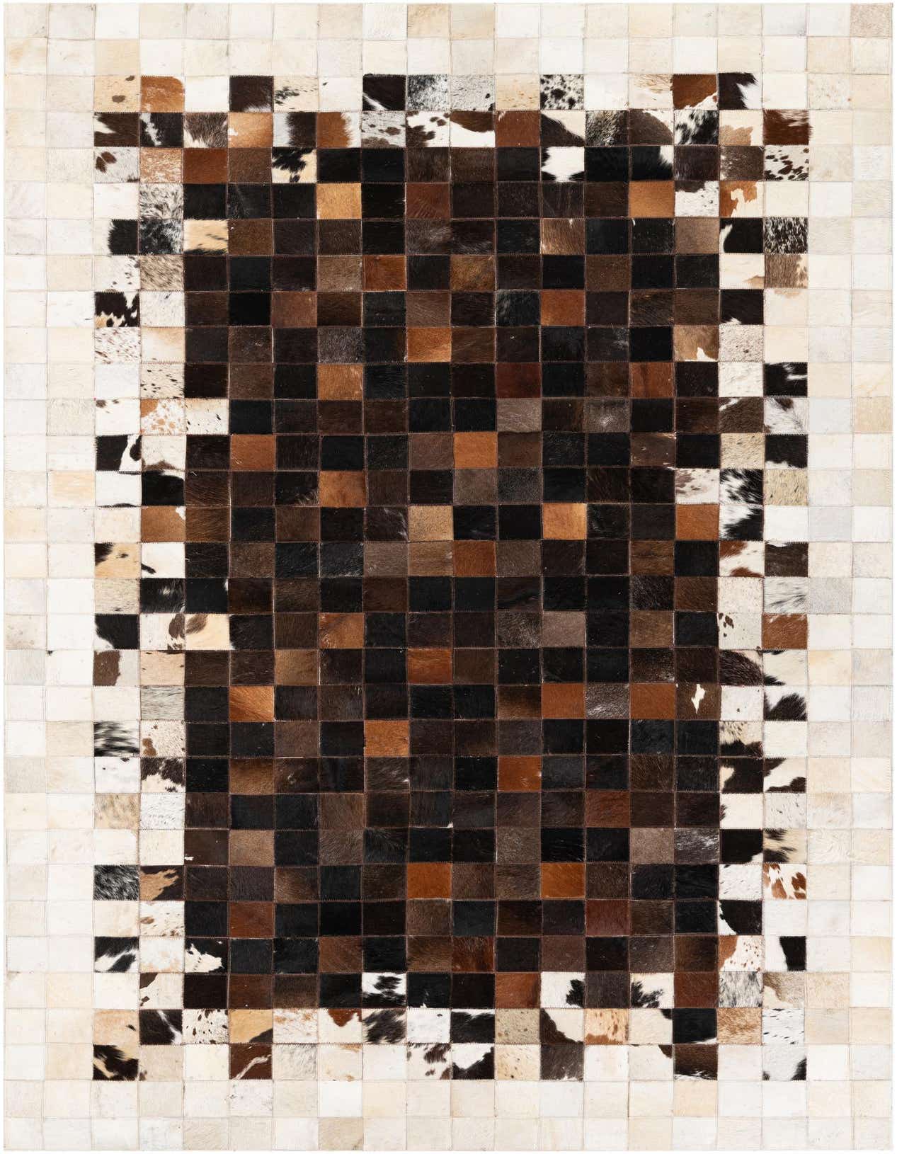 A rectangular 5x8 modern cowhide rug featuring a gradient checkerboard pattern of brown, black, and white squares.