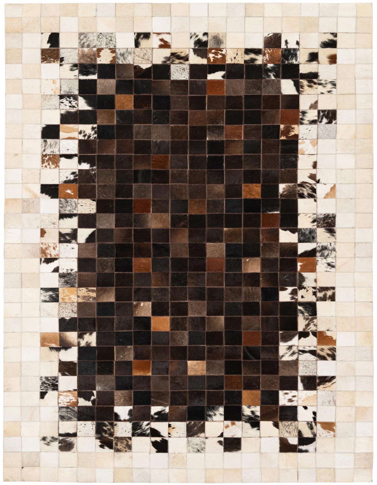 A 5x8 rectangular modern cowhide rug with a checkerboard pattern in various shades of brown, tan, and white, suitable for a living room.