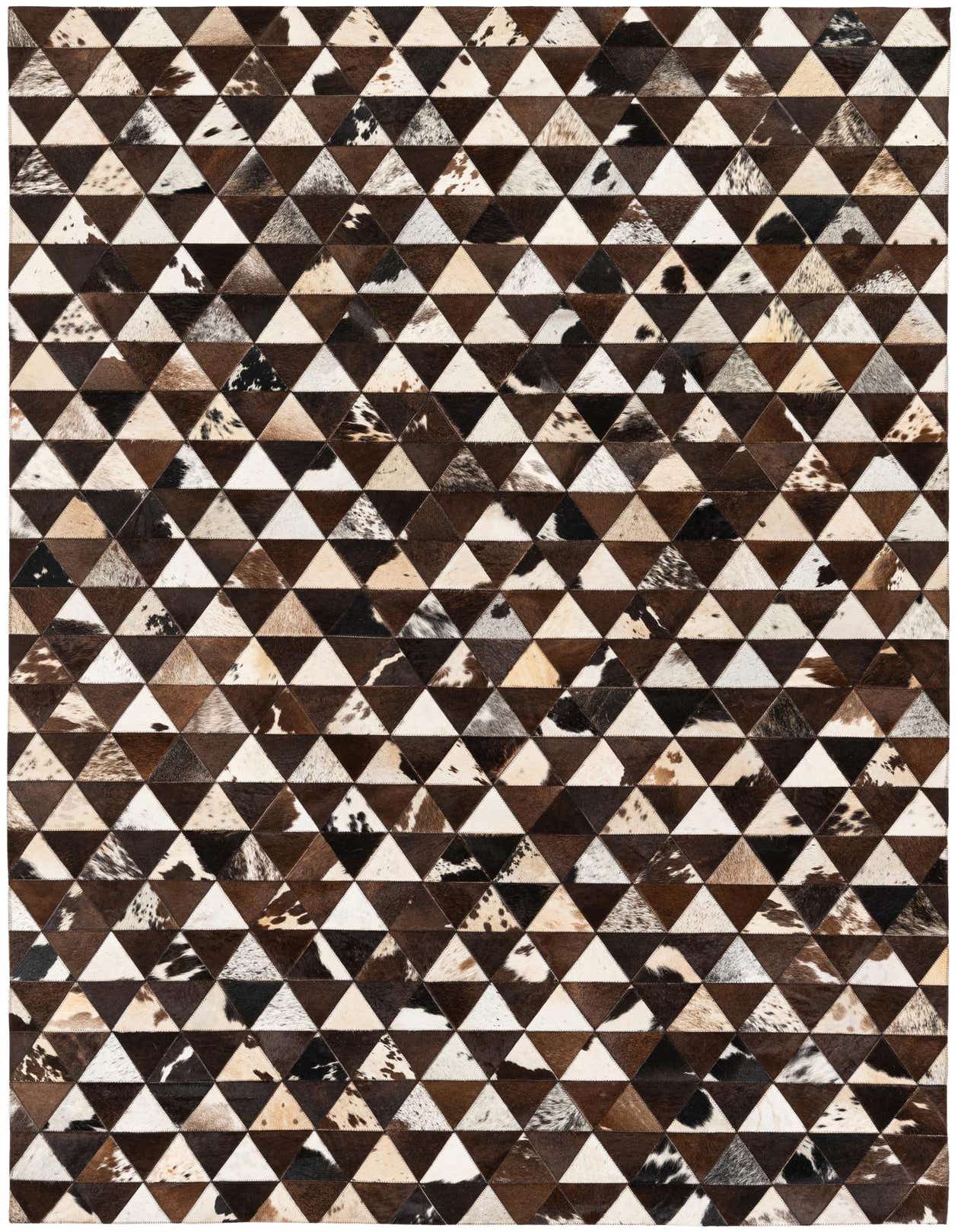 A 5x8 rectangular Cowhide Stocks rug featuring a modern geometric pattern of alternating brown and tan cowhide triangles.