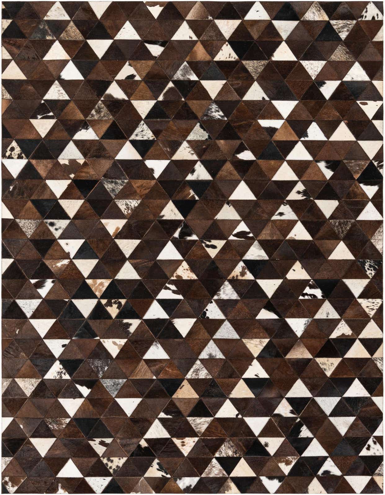 A 5x8 rectangular Cowhide Stocks rug featuring a modern geometric pattern of brown, tan, black, and white triangular cowhide patches.