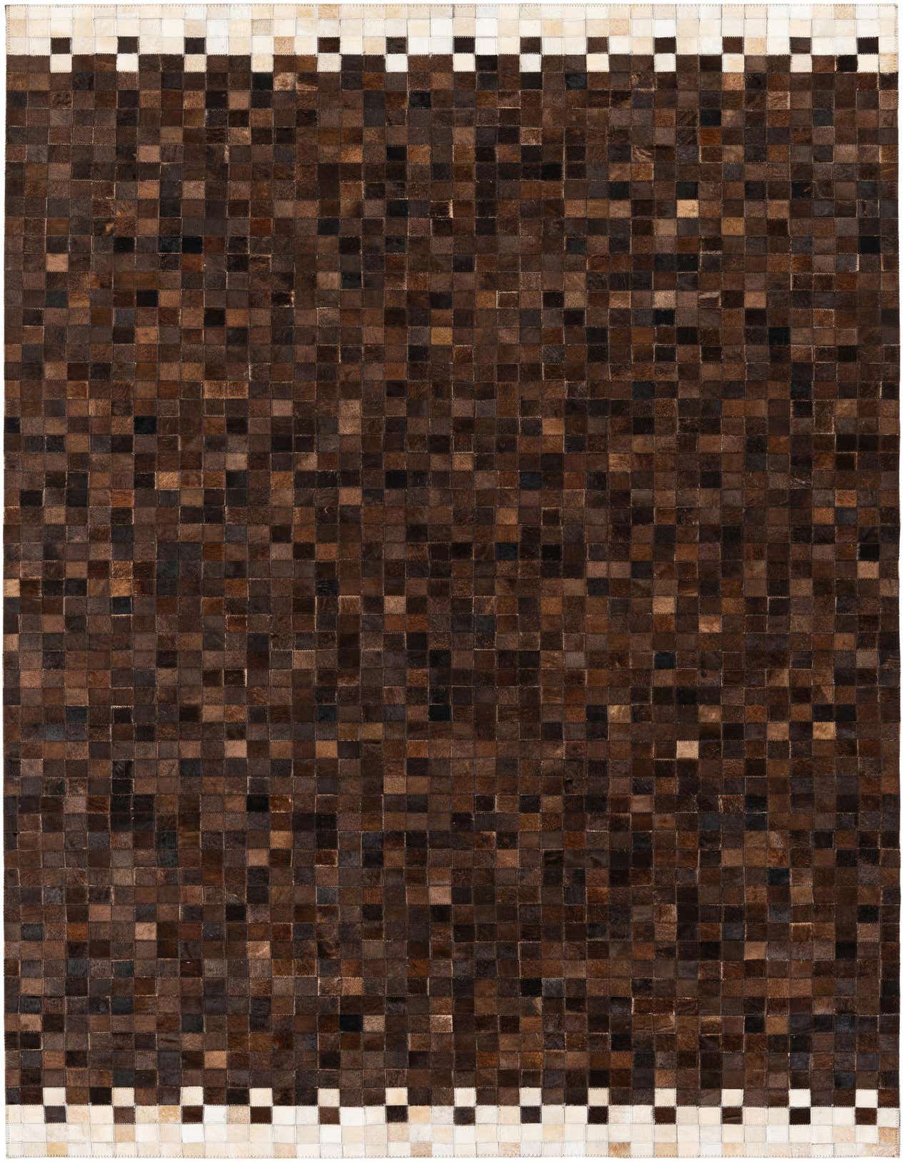 A 5x8 rectangular modern cowhide rug featuring a mosaic of brown and tan squares with a checkered border.